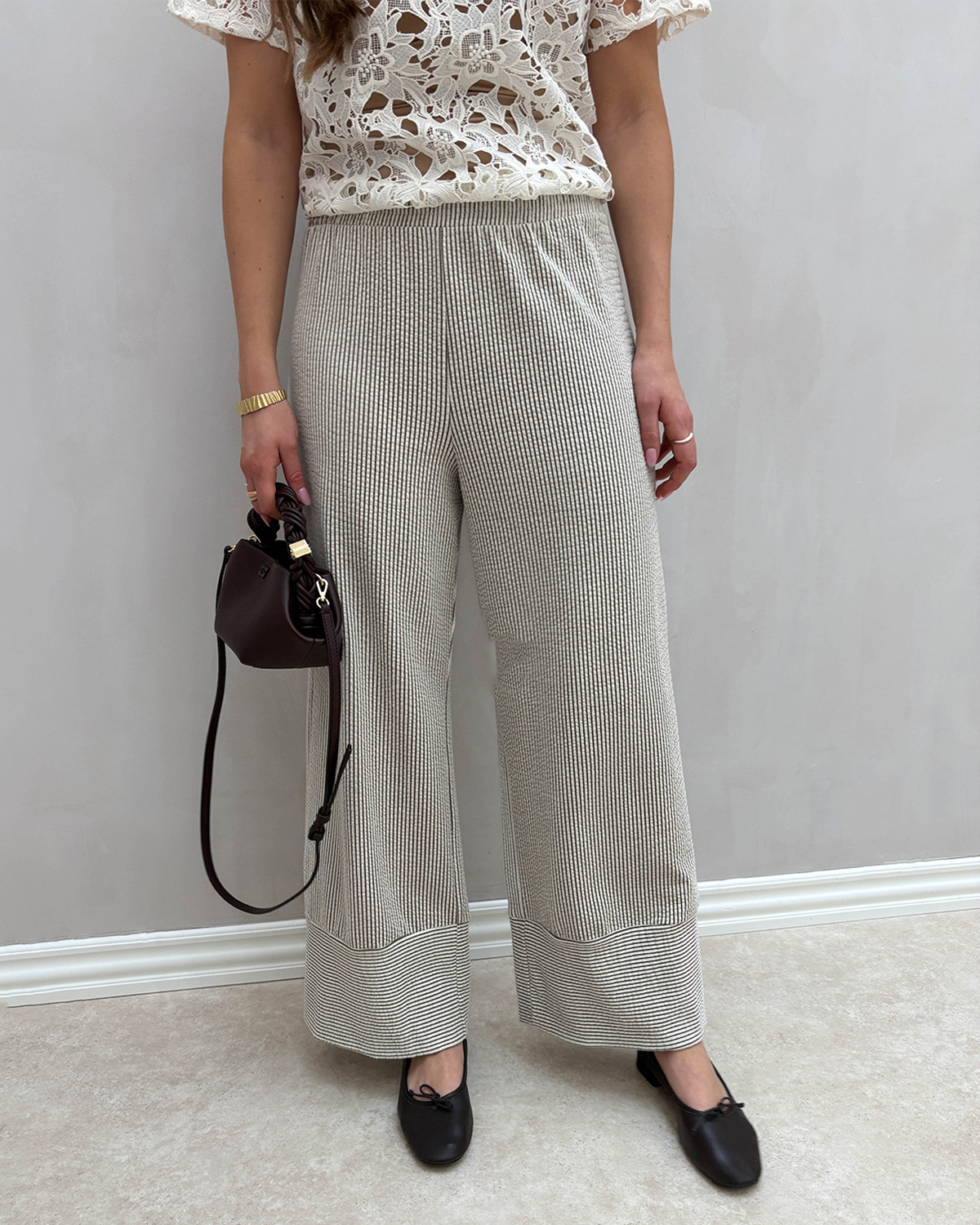 VILA Vistriplo Slate Black Birch 7/8 H/W Wide Pants - M - Brun