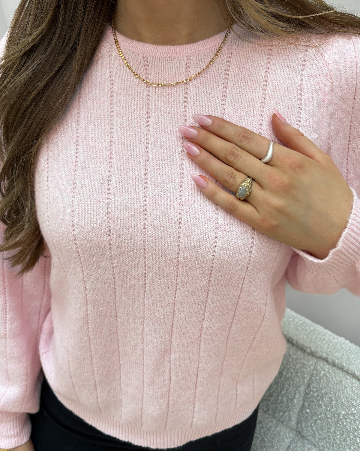 VILA Vibri Cherry Blossom O-Neck L/S Detail Knit Top - L - Lyserød
