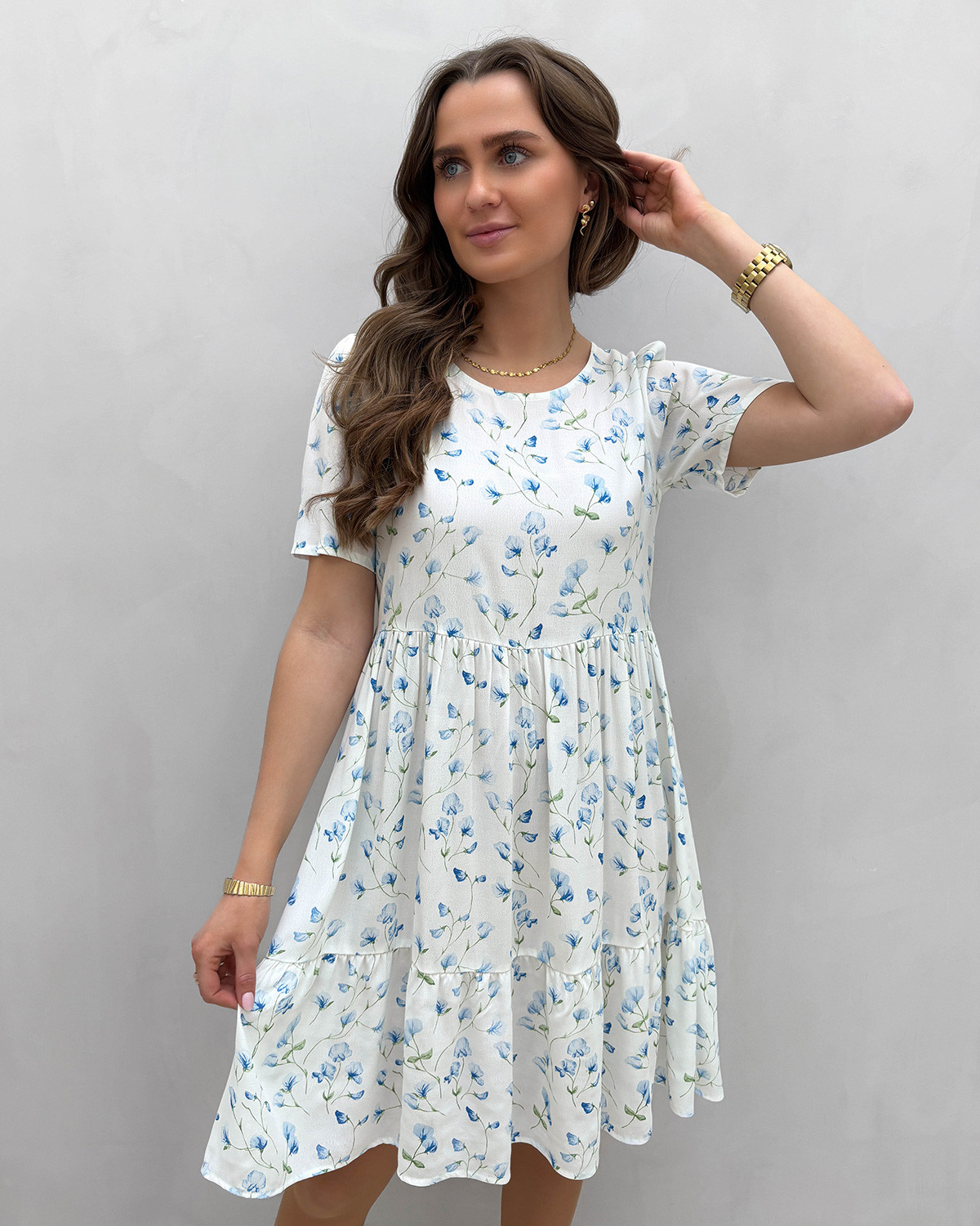 JDY Jdyaia Cloud Dancer Blue Summer Flower S/S Knee Dress - S - Hvid
