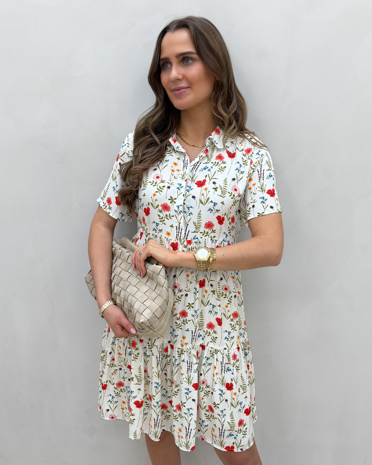 JDY Jdyaia Cloud Dancer Spring Flower Mix S/S Shirt Dress - S - Hvid