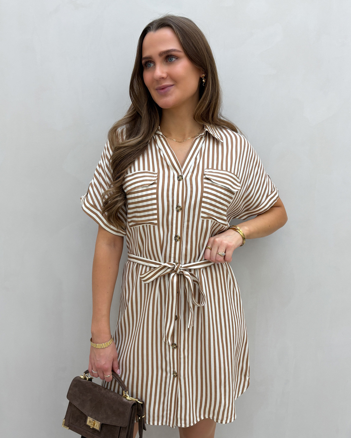 Vero Moda Vmbumpy Birch New Stripe Tigers Eye Ss Short Shirt Dress - S - Grå