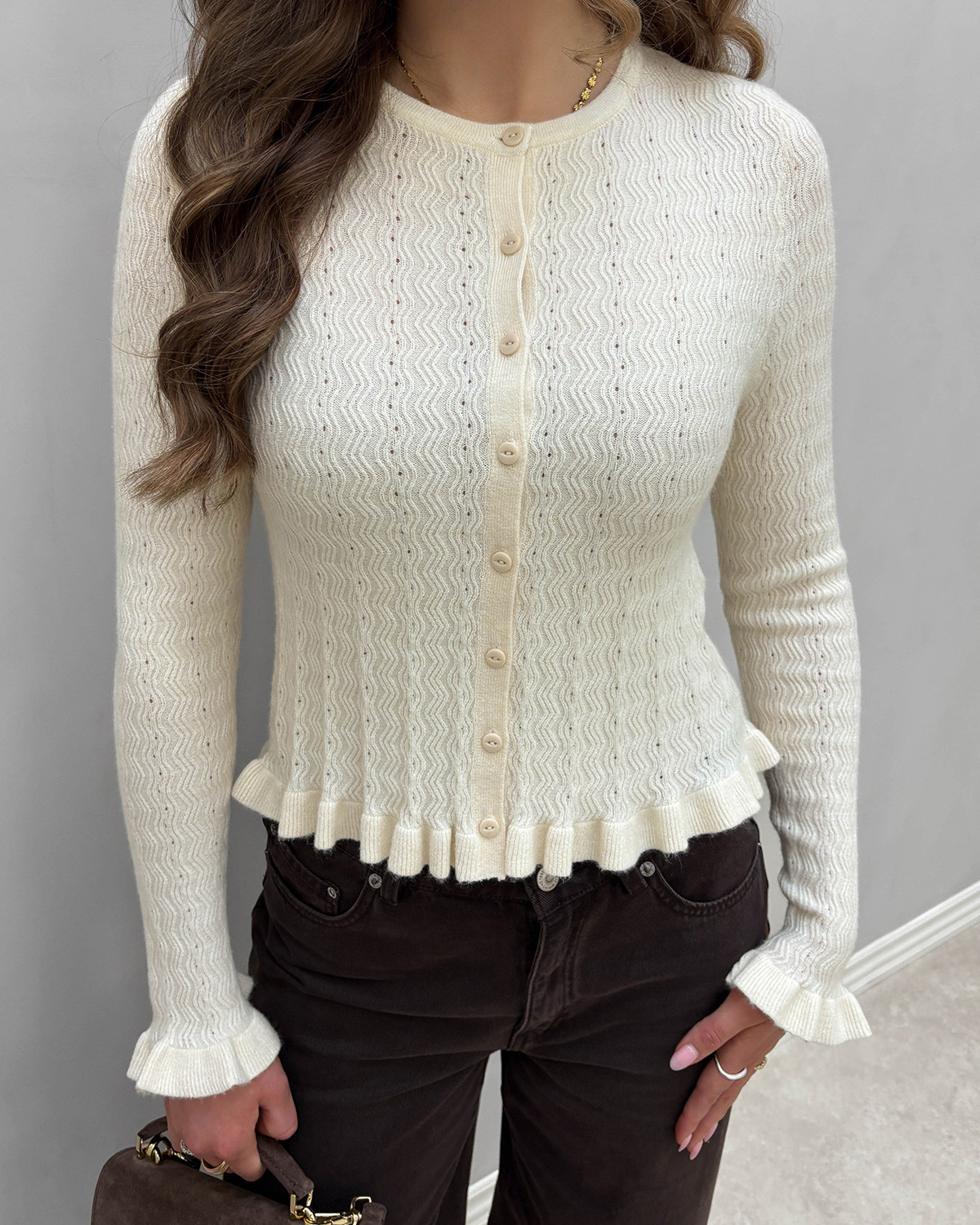 ONLY Onlibi Whitecap Gray LS O-Neck Frill Cardigan Knit - XL - Beige