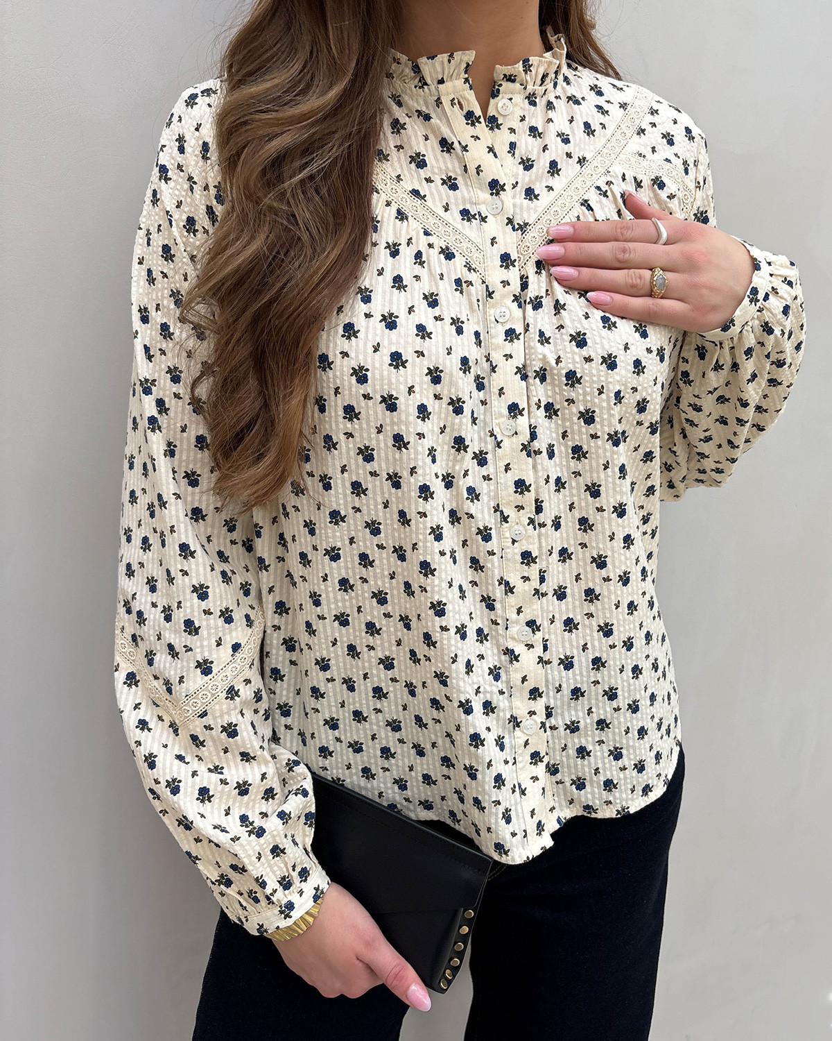 ONLY Onllucinda Birch Blue Floral Ls Tape Shirt - M - Grå