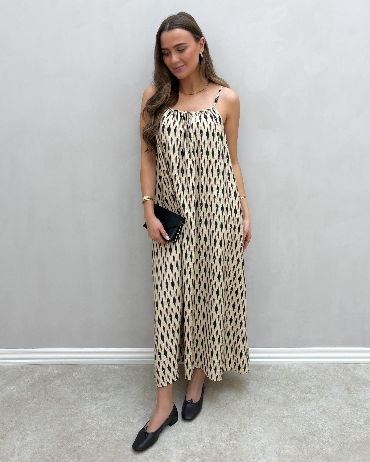 ONLY Onlines Brown Rice Burnt Horizon Elanor S/L Long Dress - L - Hvid