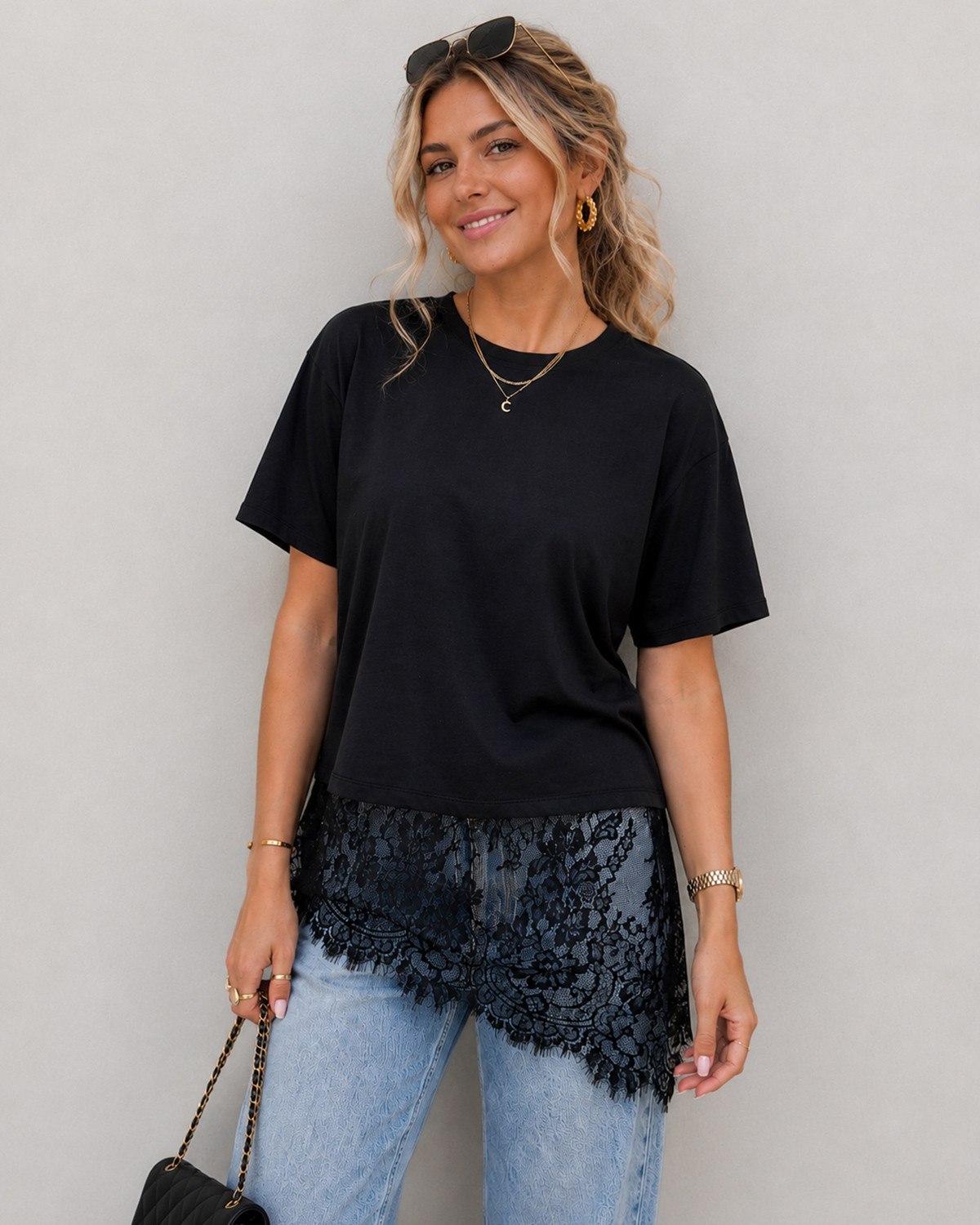Pieces Pcmave Black Ss Lace T-Shirt Dm - XS - Sort