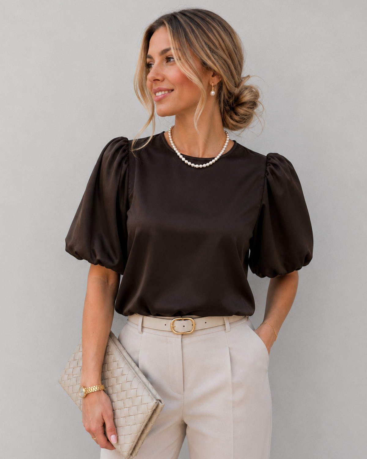 VILA Viellette Coffee Bean 2/4 Satin Puff Top - 42 - Brun