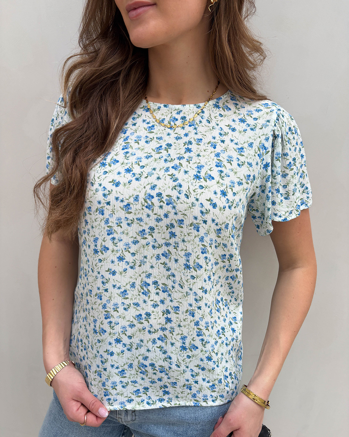 VILA Vigreis Snow White Blue Flower S/S O-Neck Top - 40 - Hvid
