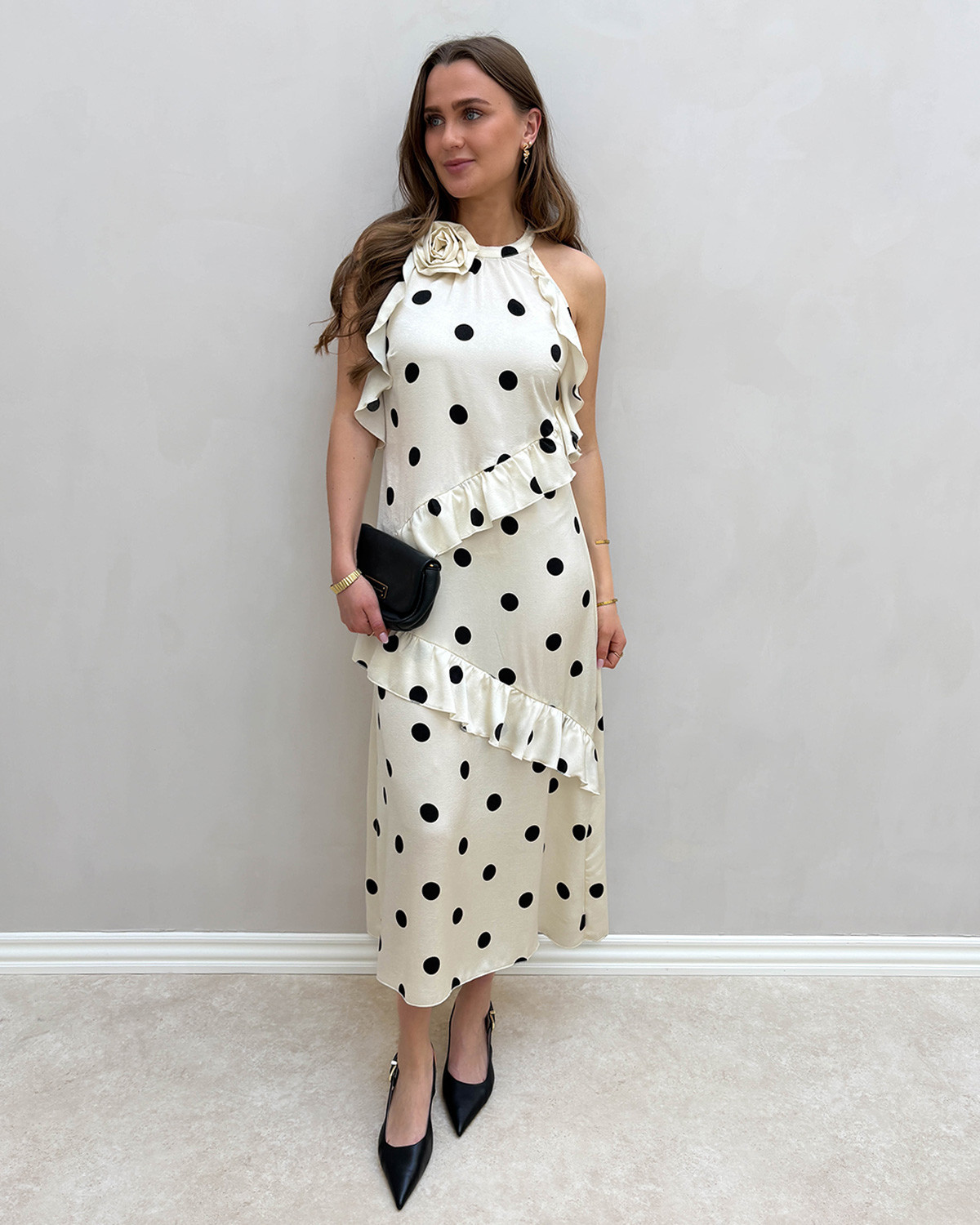 VILA Viclaire Birch Black Dots S/L Rose Midi Dress - 40 - Grå