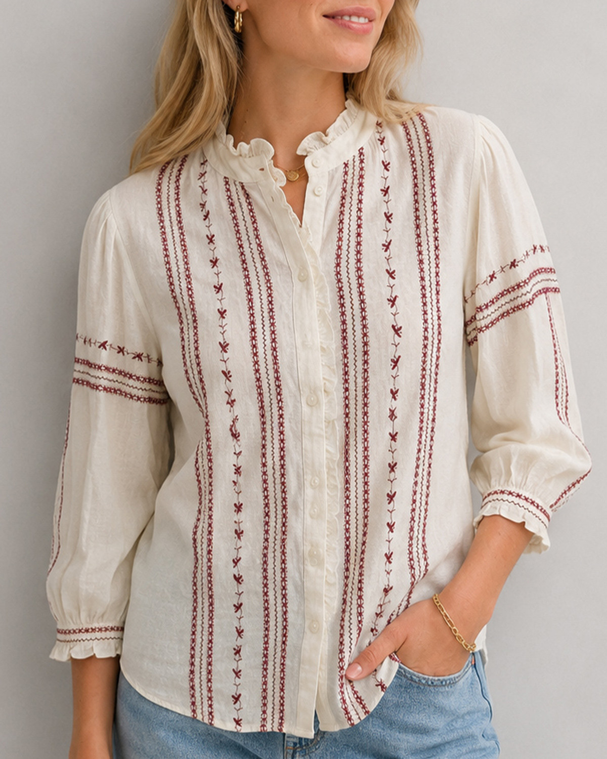 VILA Viaria Birch Sable 3/4 Emb Shirt - 38 - Grå