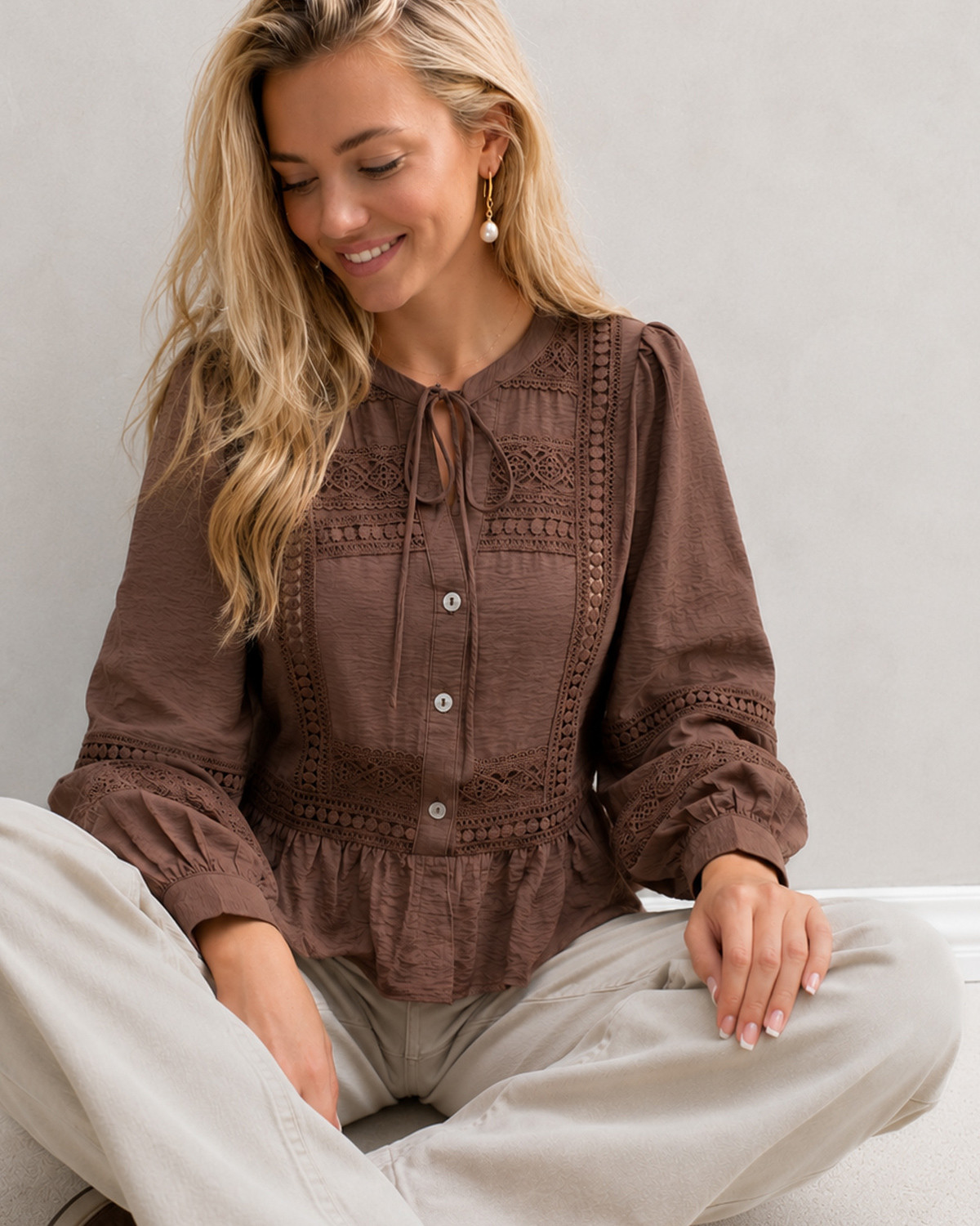 Vero Moda Vmjules Cocoa Brown Ls Tape Top - M - Brun