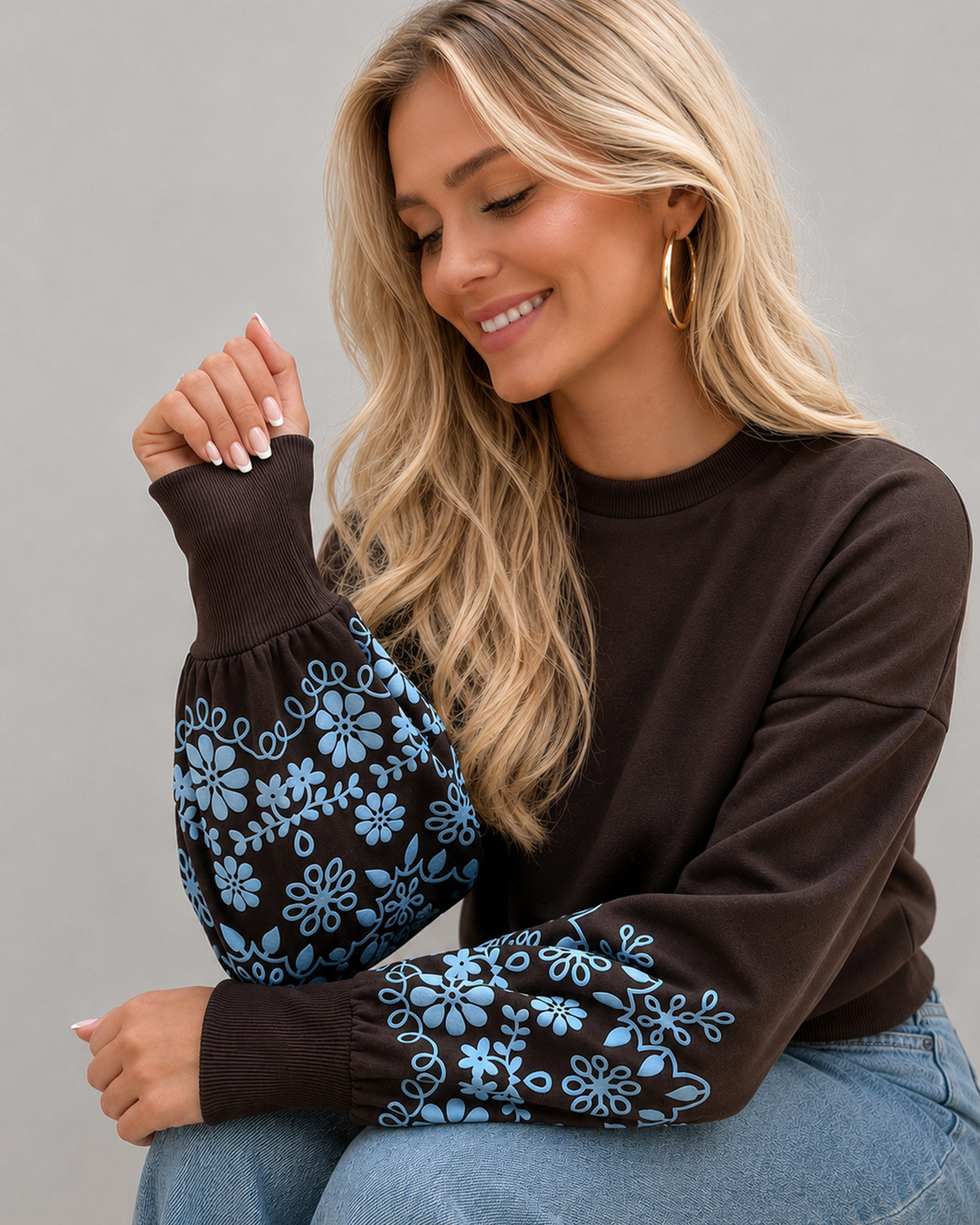 ONLY Onlbrooke Bracken Myosotis Flower L/S O-Neck Flower - M - Brun