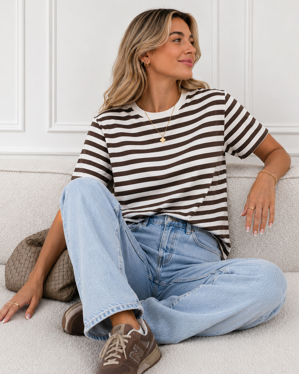 Pieces Pcria Hot Fudge Bright White Ss Tee Stripes - M - Brun
