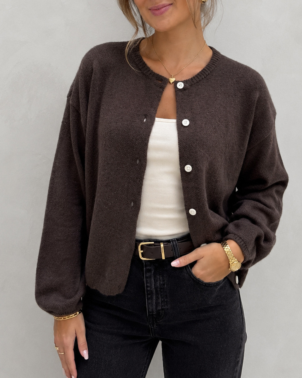 Pieces Pcida Hot Fudge Ls O-Neck Knit Cardigan - L - Brun