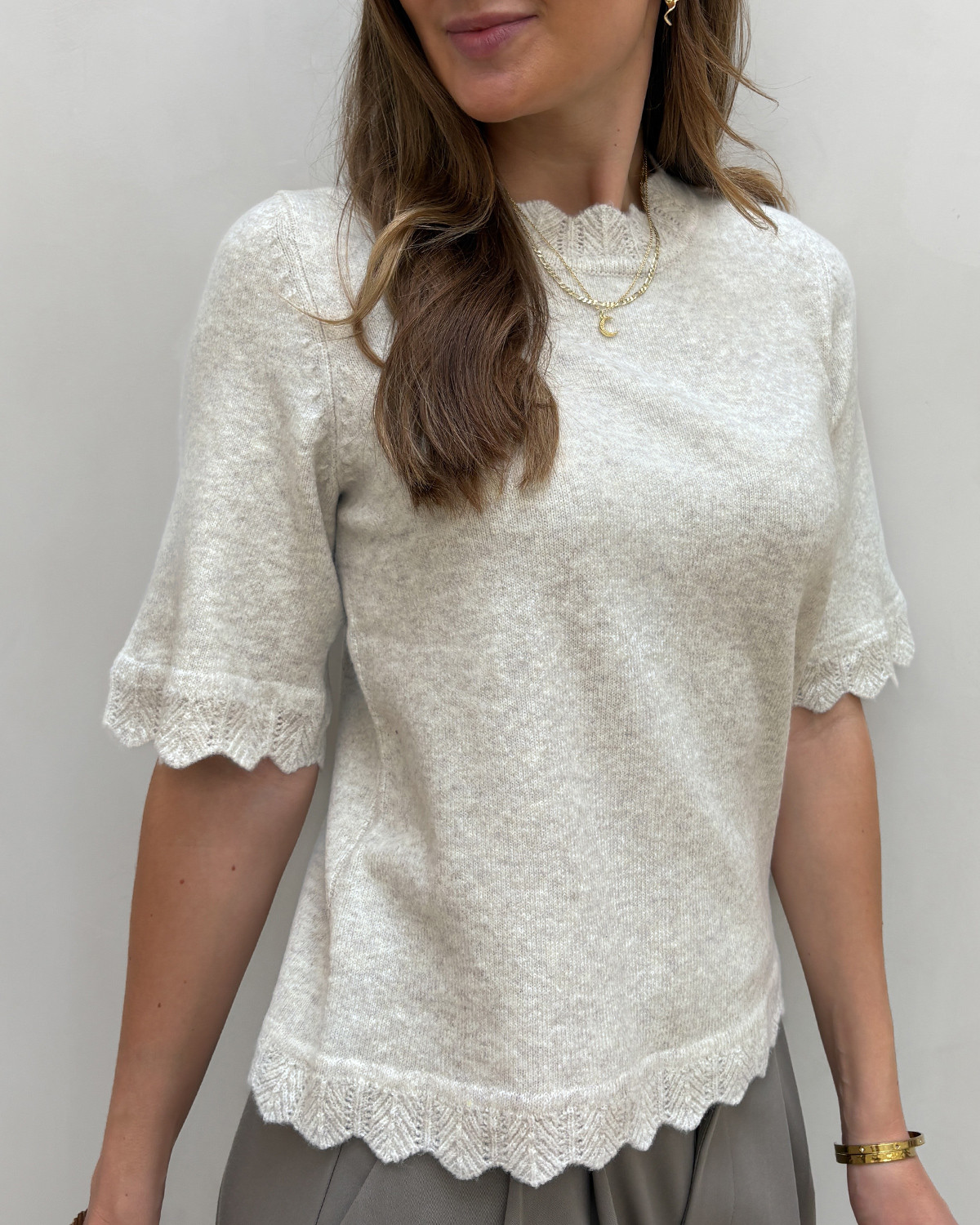 VILA Vinikolina Super Light Natural Melan O-Neck 2/4 Knit Top - L - Brun