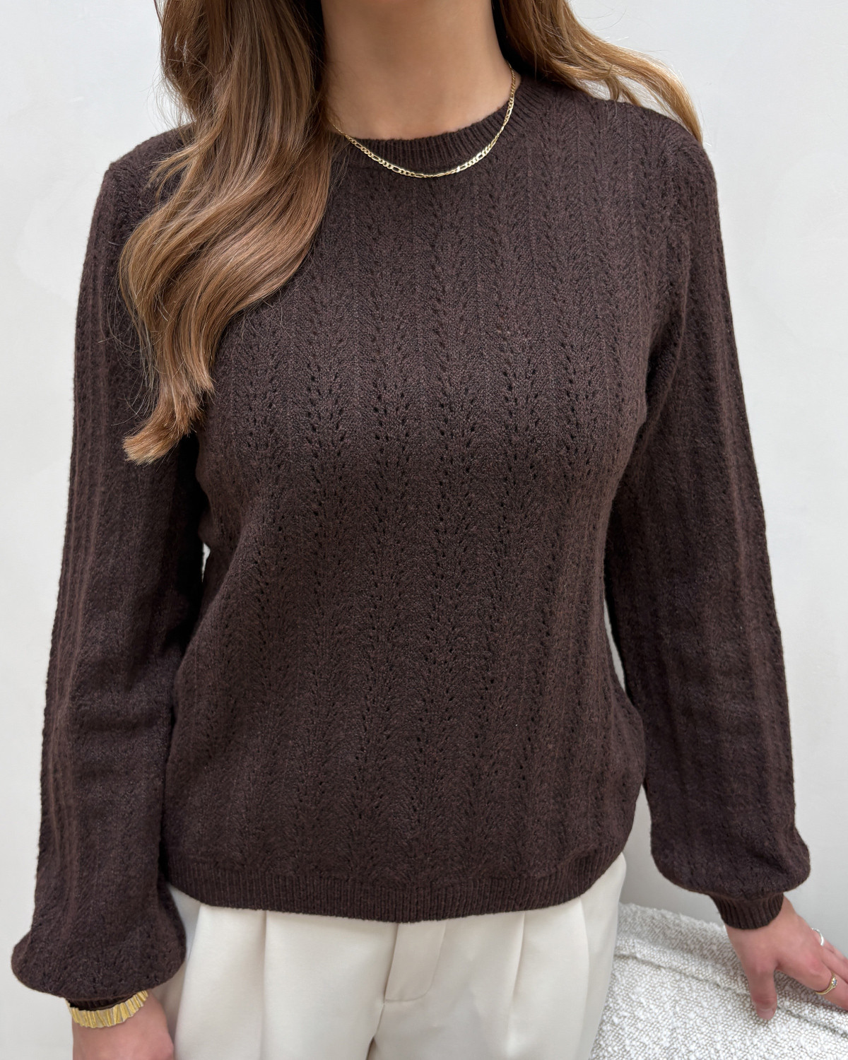 VILA Viliga Coffee Bean Melange Pointelle L/S O-Neck Top - M - Brun