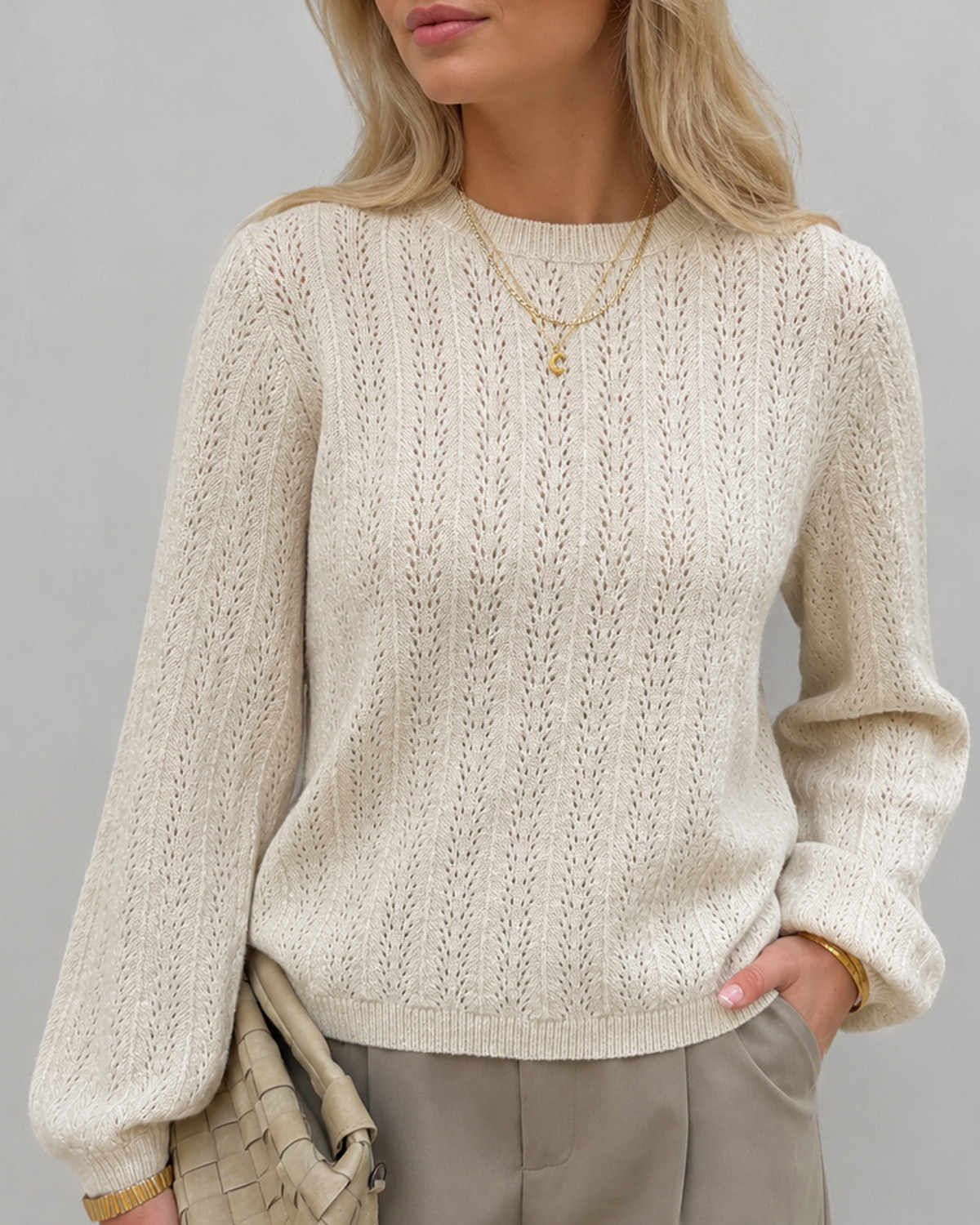 VILA Viliga Birch Melange Pointelle L/S O-Neck Top - XL - Grå
