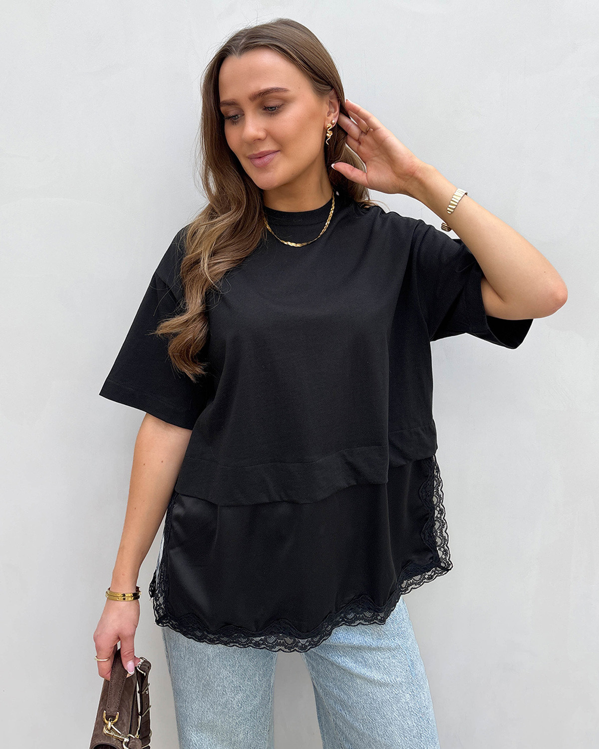 ONLY Onlmexa Black S/S Tee Lace Top - XL - Sort
