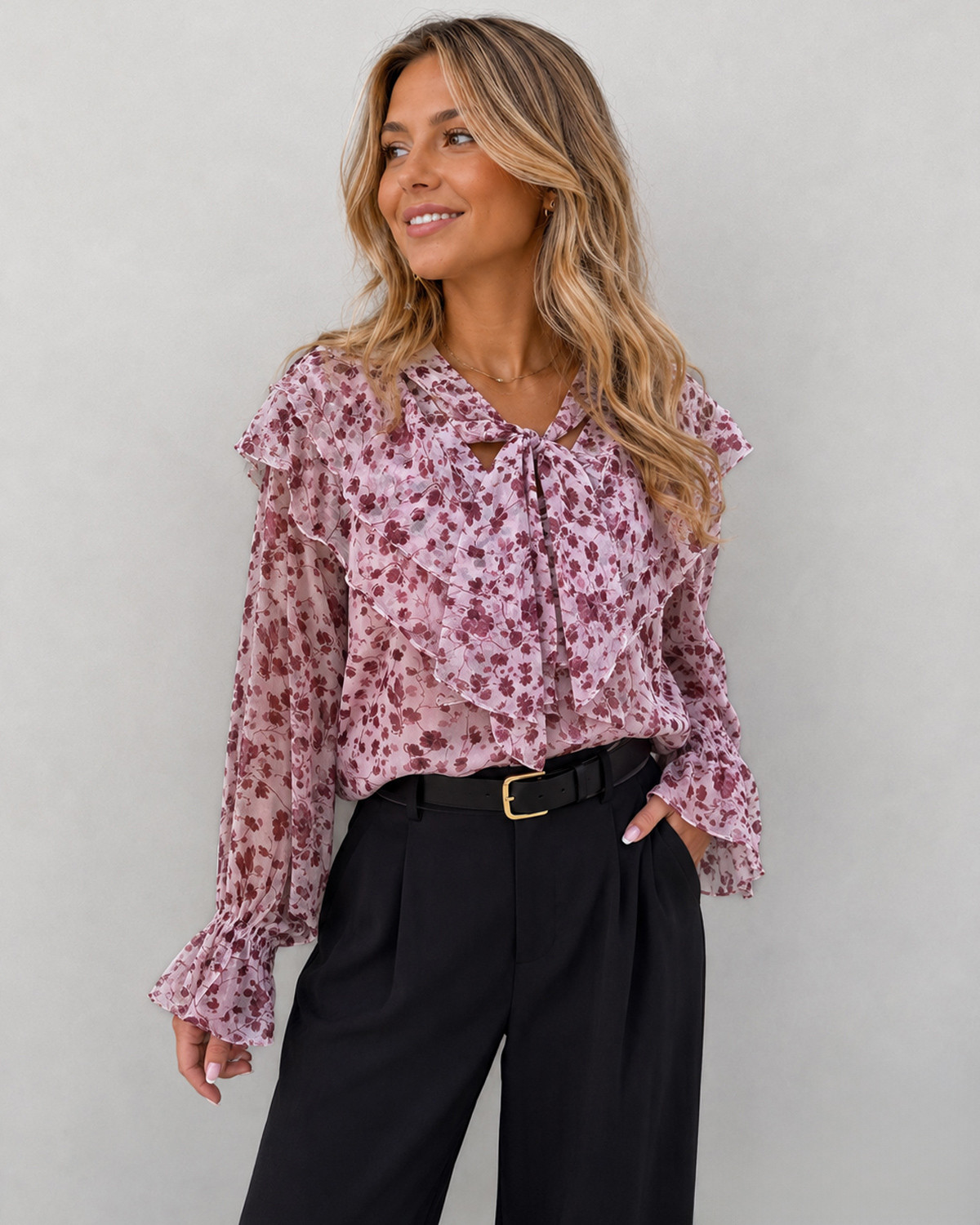 VILA Viabigail Ballet Slipper Flowers L/S V-Neck Frill Top - 40 - Lyserød