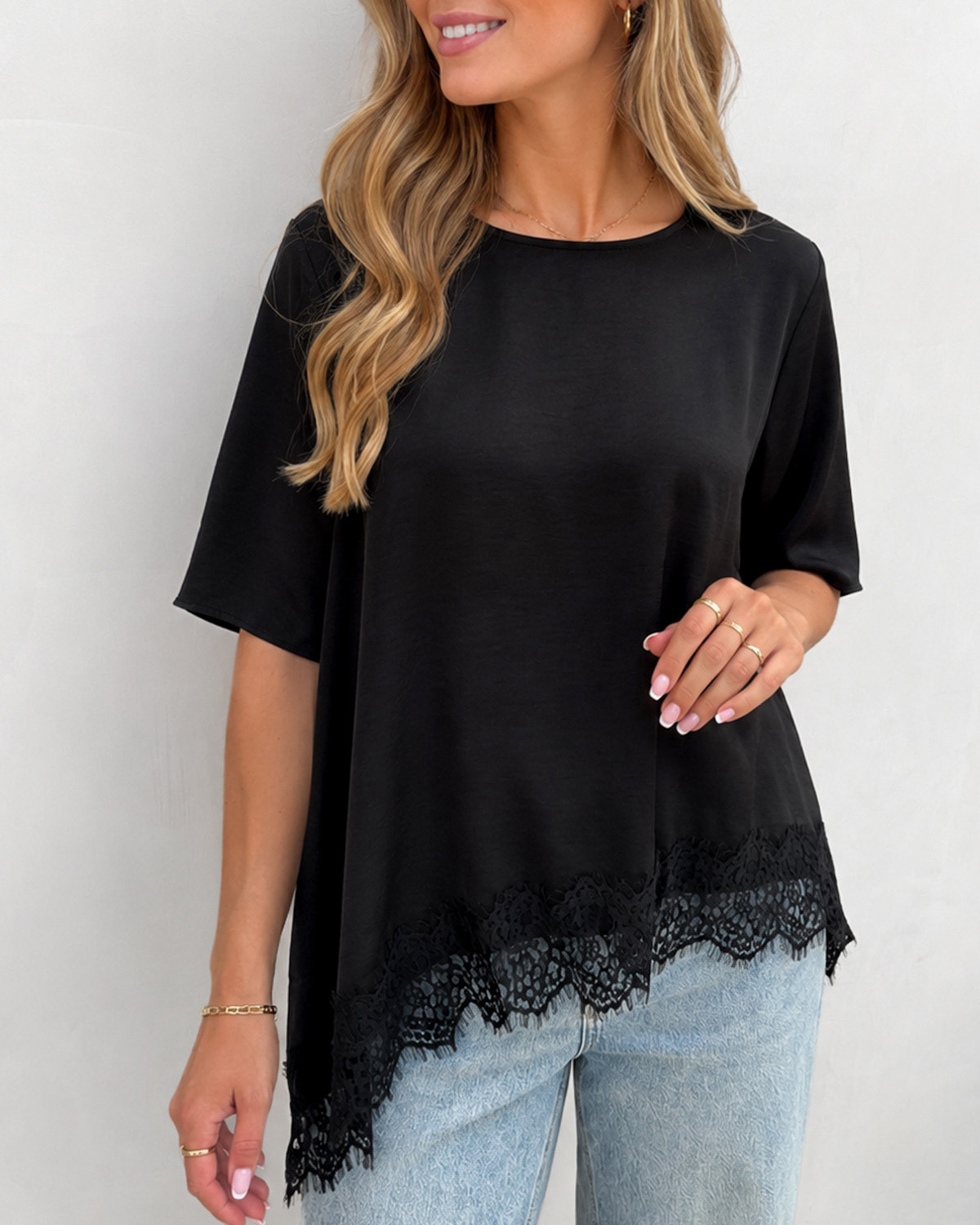 JDY Jdyurba Black Black Lace S/S Assymmetric Top Exp - S - Sort