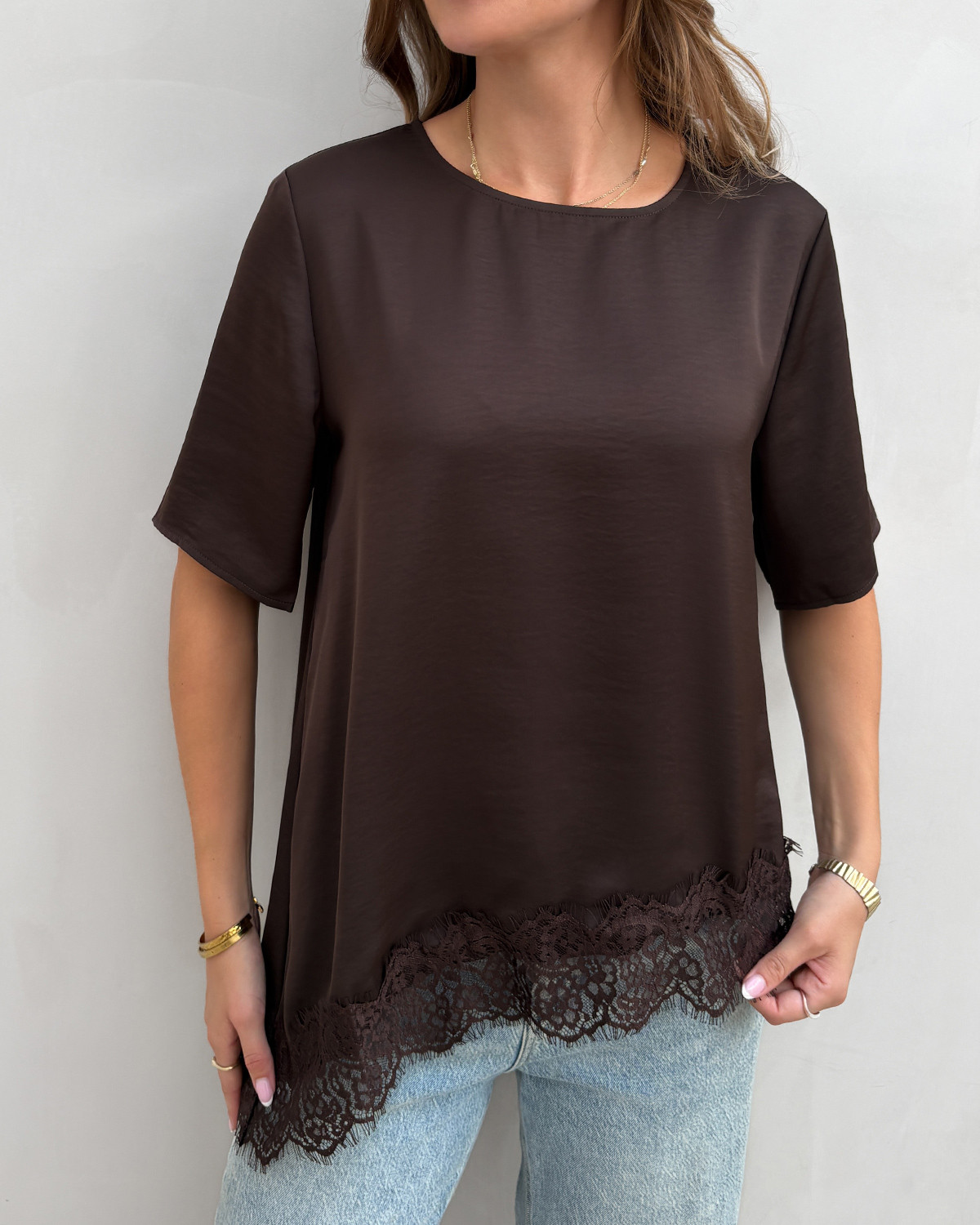 JDY Jdyurba Chocolate Torte Chocolate Torte Lace S/S Assymmetric Top Exp - XL - Brun