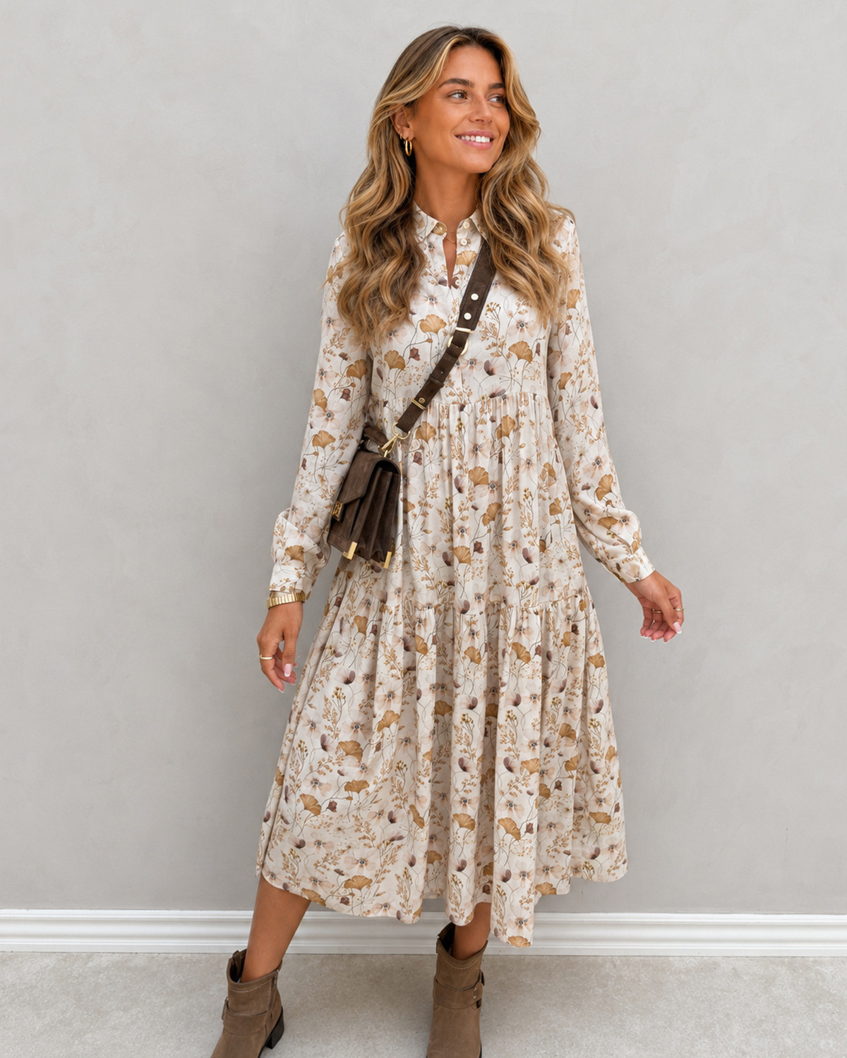 JDY Jdywiga L/S Cloud Dancer Aop Breezy Flower Midi Shirt Dress Exp - XL - Beige