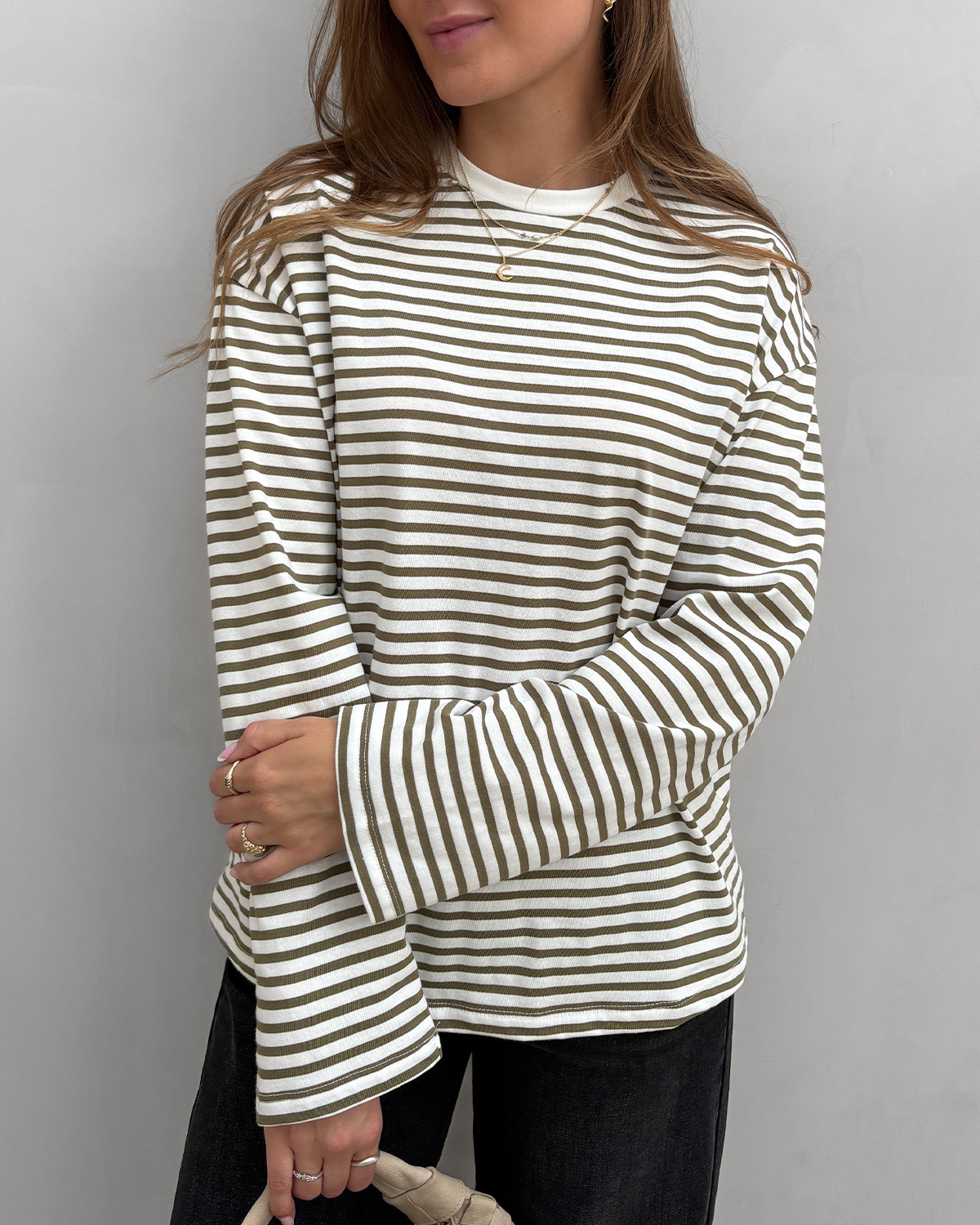 Pieces Pcsadie Bright White Burnt Olive Ls Top - XS - Grøn