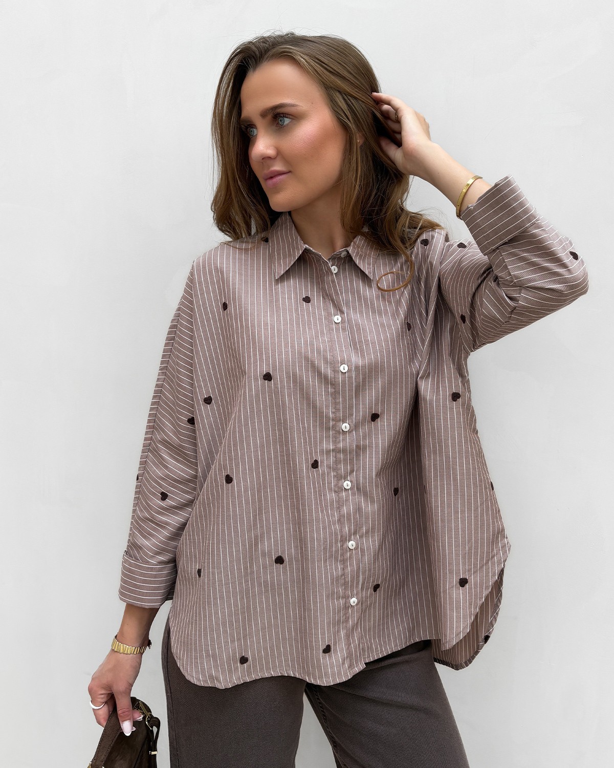 ONLY Onlnew Coffee Bean Stripe W. Coffee Bean Heart Emb Lina Grace Str Emb Shirt - L - Brun