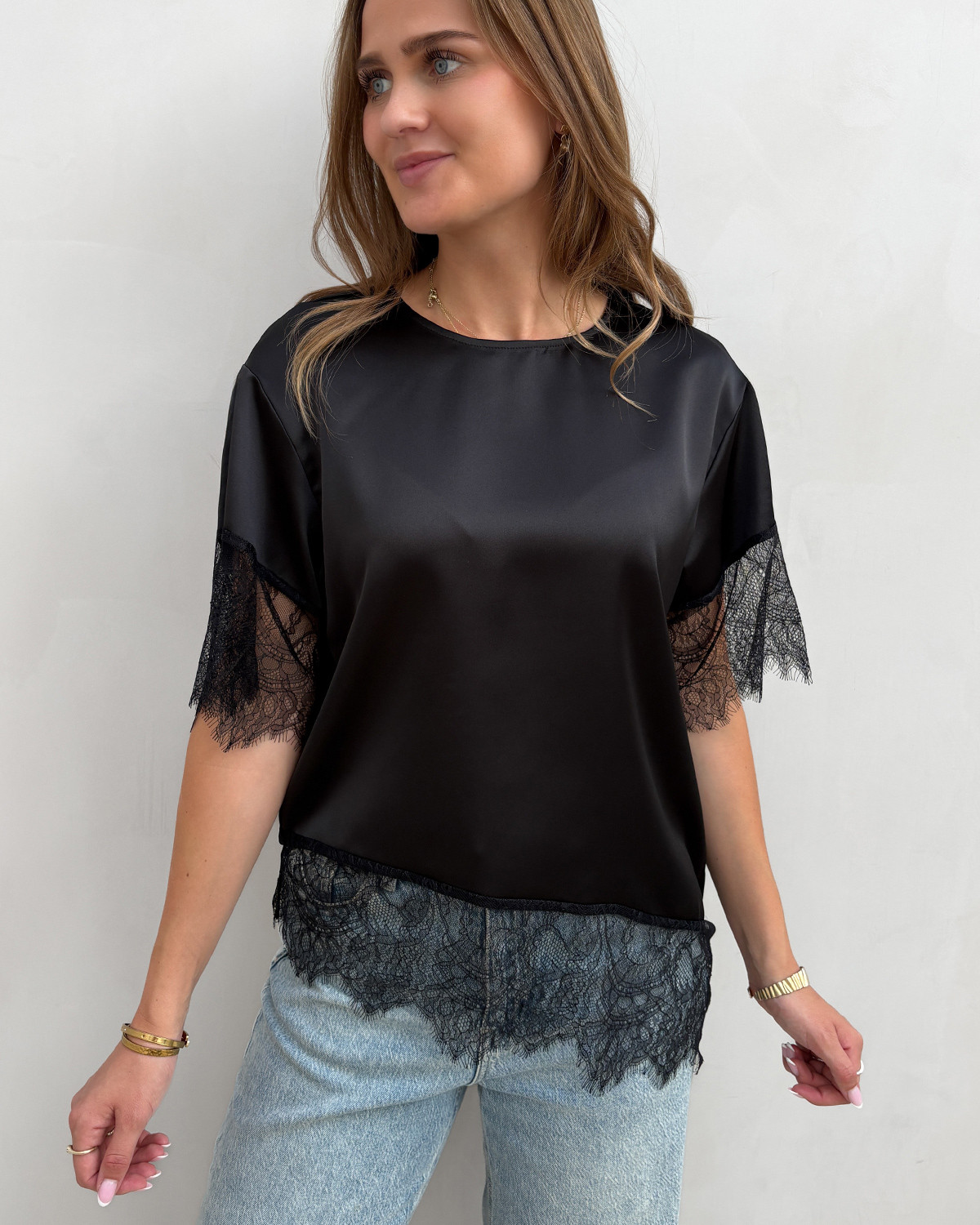 ONLY Onlindona Black 2/4 Satin Lace Top - M - Sort