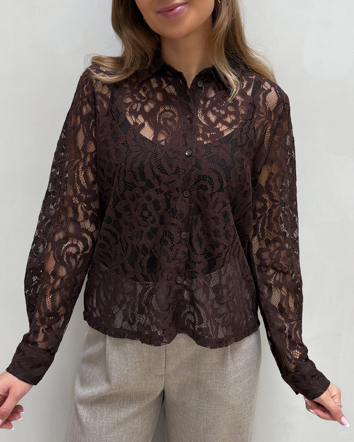 ONLY Onlbirun Black Coffee L/S Lace Shirt - XL - Sort