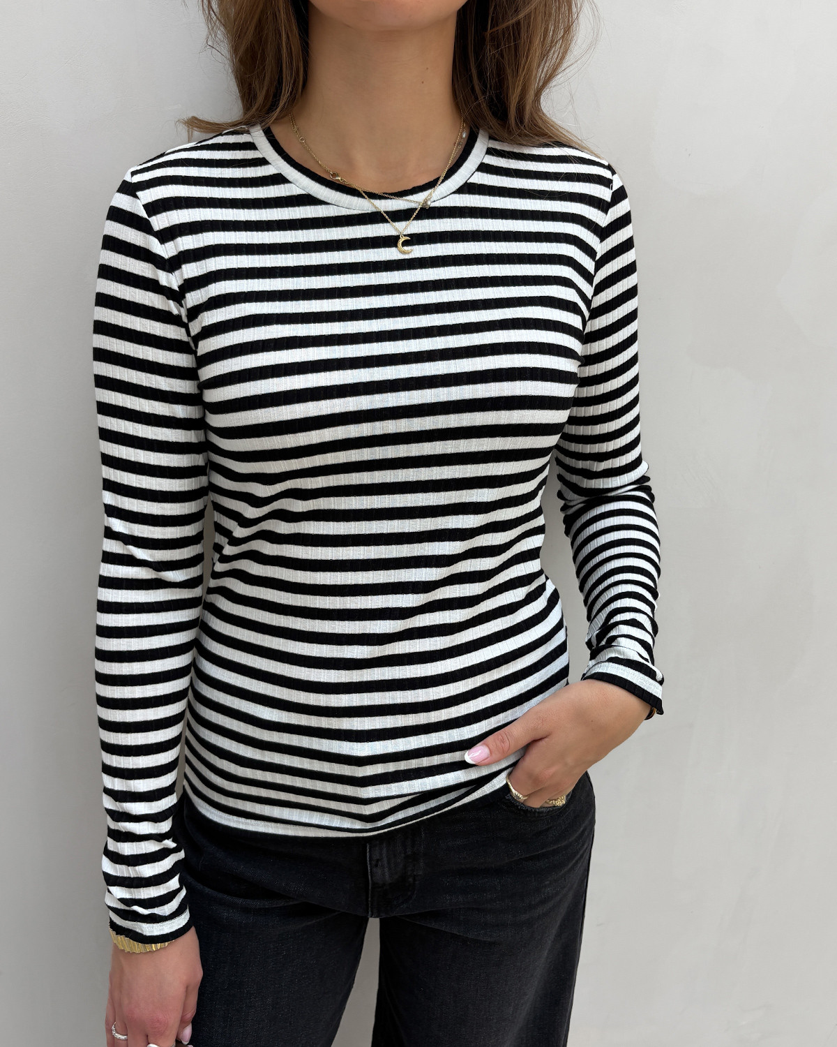 JDY Jdyfransiska Cloud Dancer Black L/S Stripe O-Neck Top - XL - Hvid