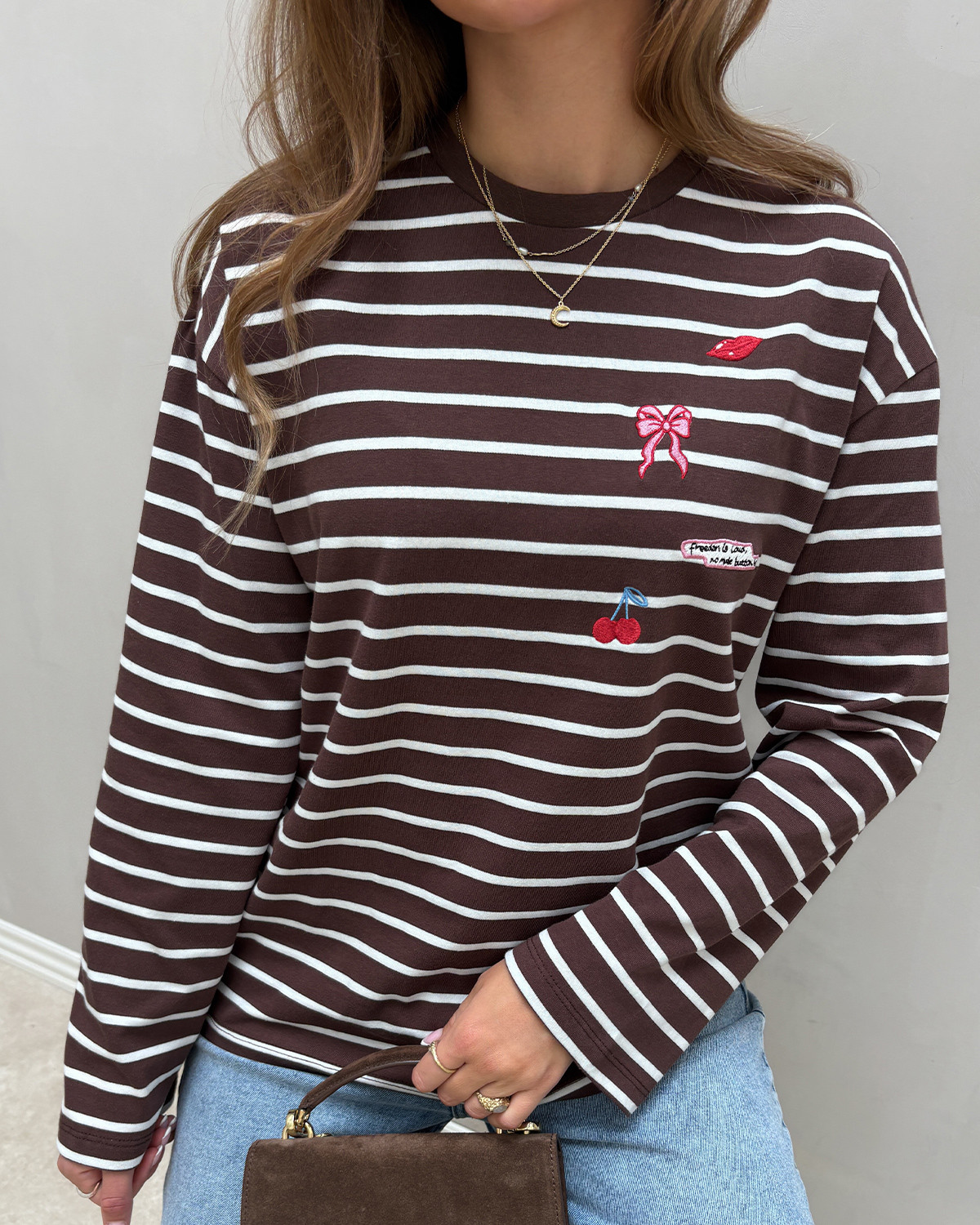 Pieces Pcsadie Chicory Coffee Patches Ls Emb Tee - M - Rød