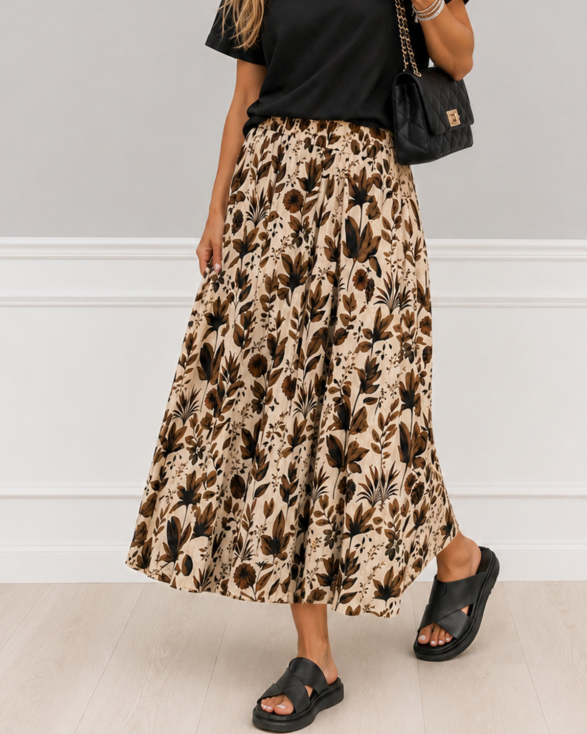 ONLY Onlabi Shortbread Brown Leaves Gm Midi Skirt - XS - Gul