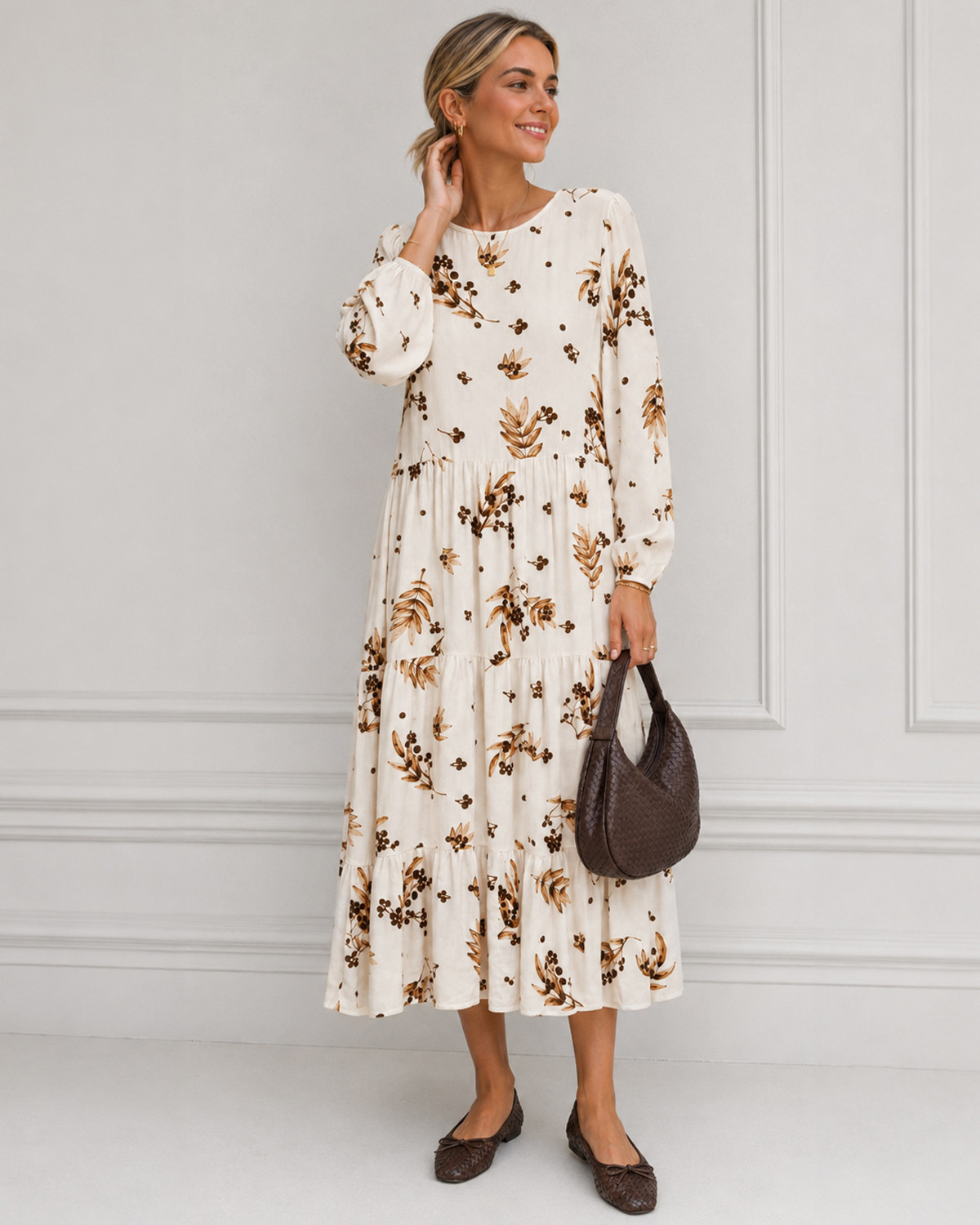 ONLY Onlabi Sugar Swizzle Toffee Leaves Gm L/S Midi Dress - M - Hvid