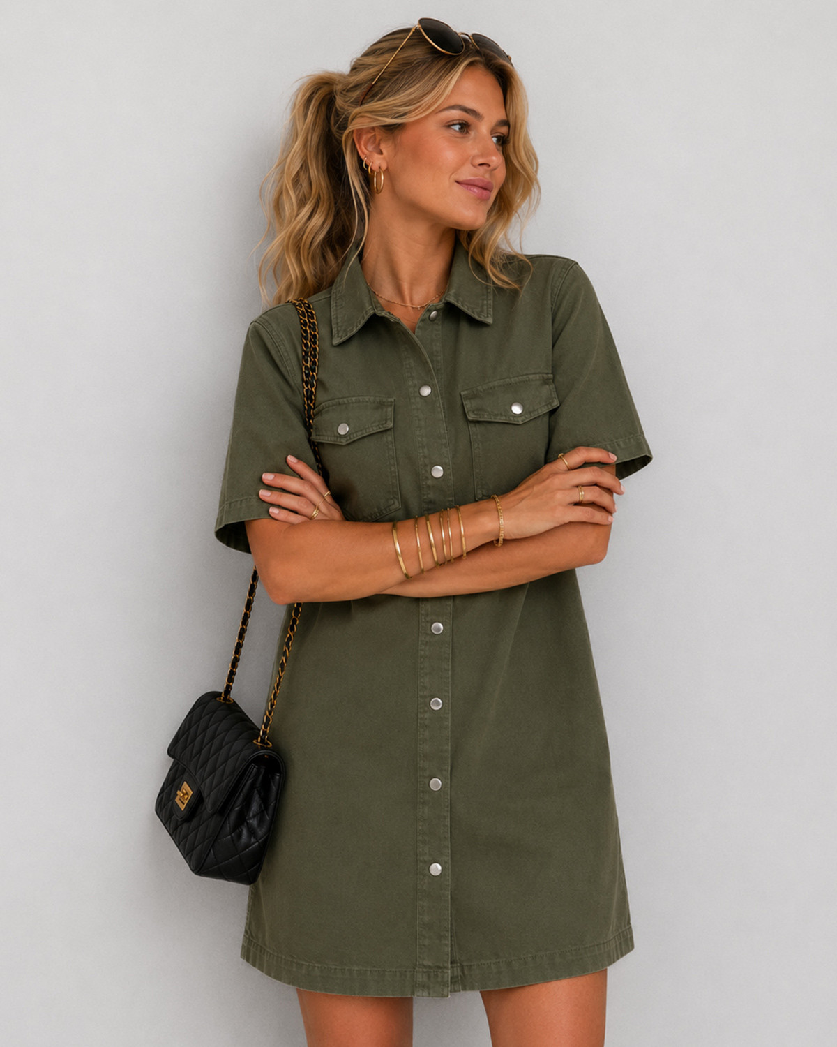 ONLY OnlbelleSilla Kalamata S/S Button Dress Pnt - M - Grøn