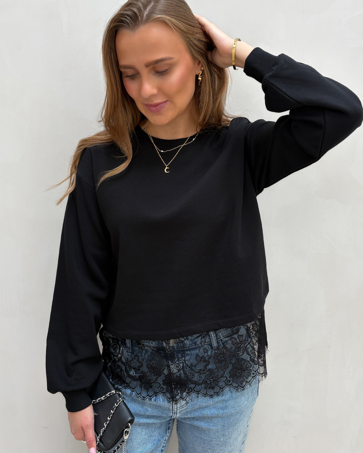 ONLY Onlmimi Black Black Lace L/S Lace Detail - S - Sort