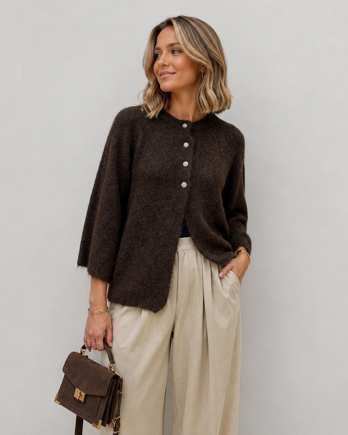 VILA Vibows Coffee Bean 3/4 Knit Cardigan - L - Brun