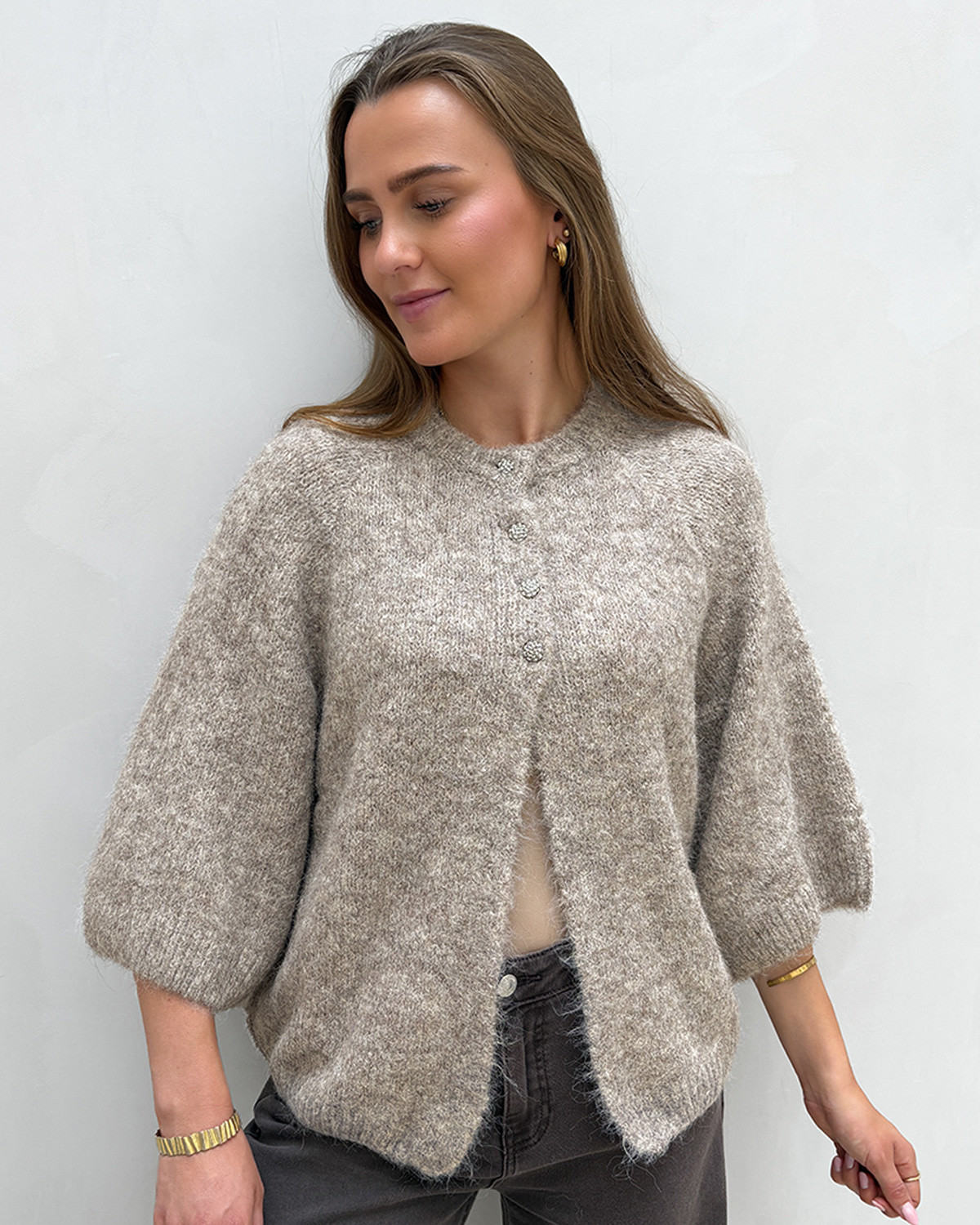 VILA Vibows Natural Melange 3/4 Knit Cardigan - XL - Brun
