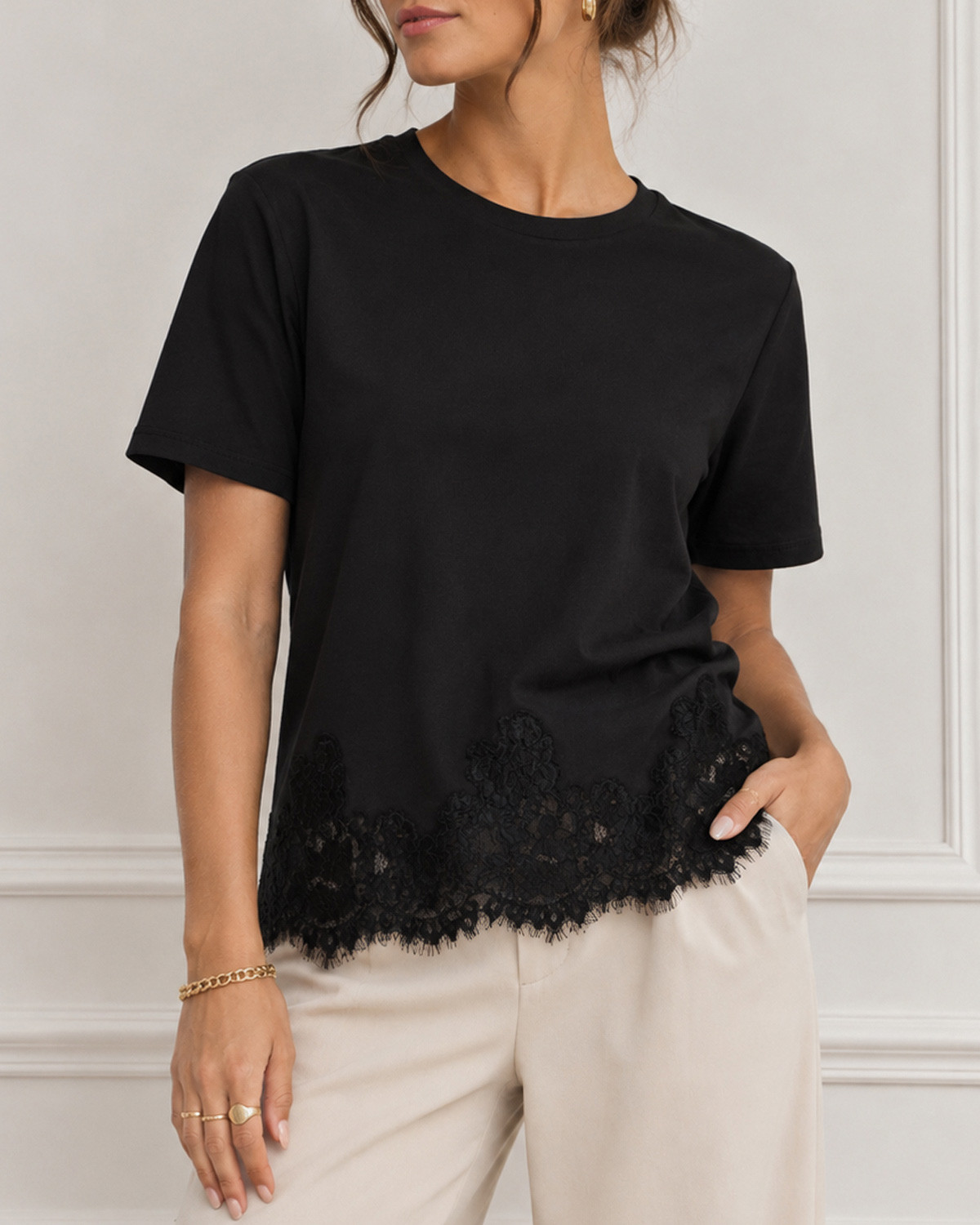 VILA Viopella Black Beauty O-Neck S/S Lace T-Shirt - Sort - S
