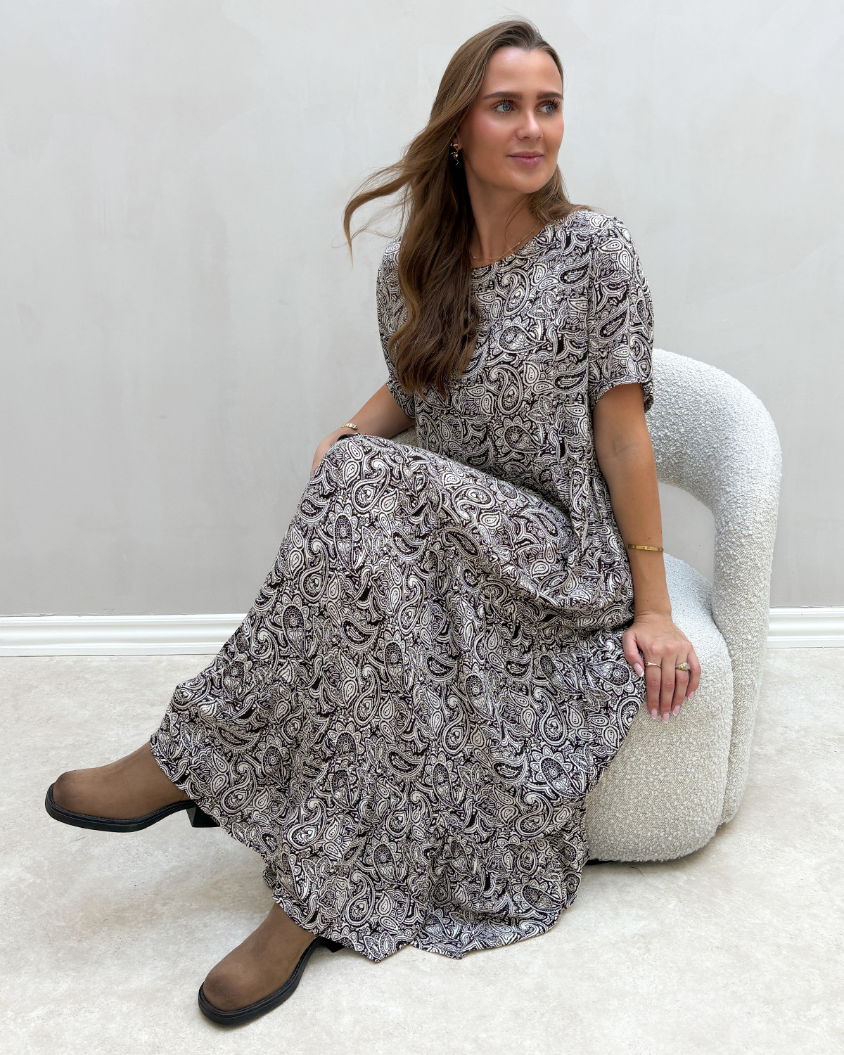 ONLY Onlluna Chocolate Brown Paisley Gm Ss Midi Dress - L - Brun
