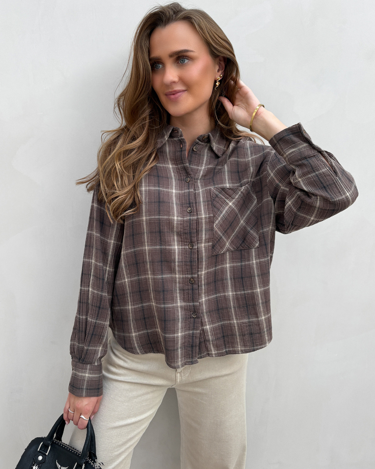 ONLY Onlfajan Chocolate Martini Brown Checks L/S Check Shirt - XL - Grå