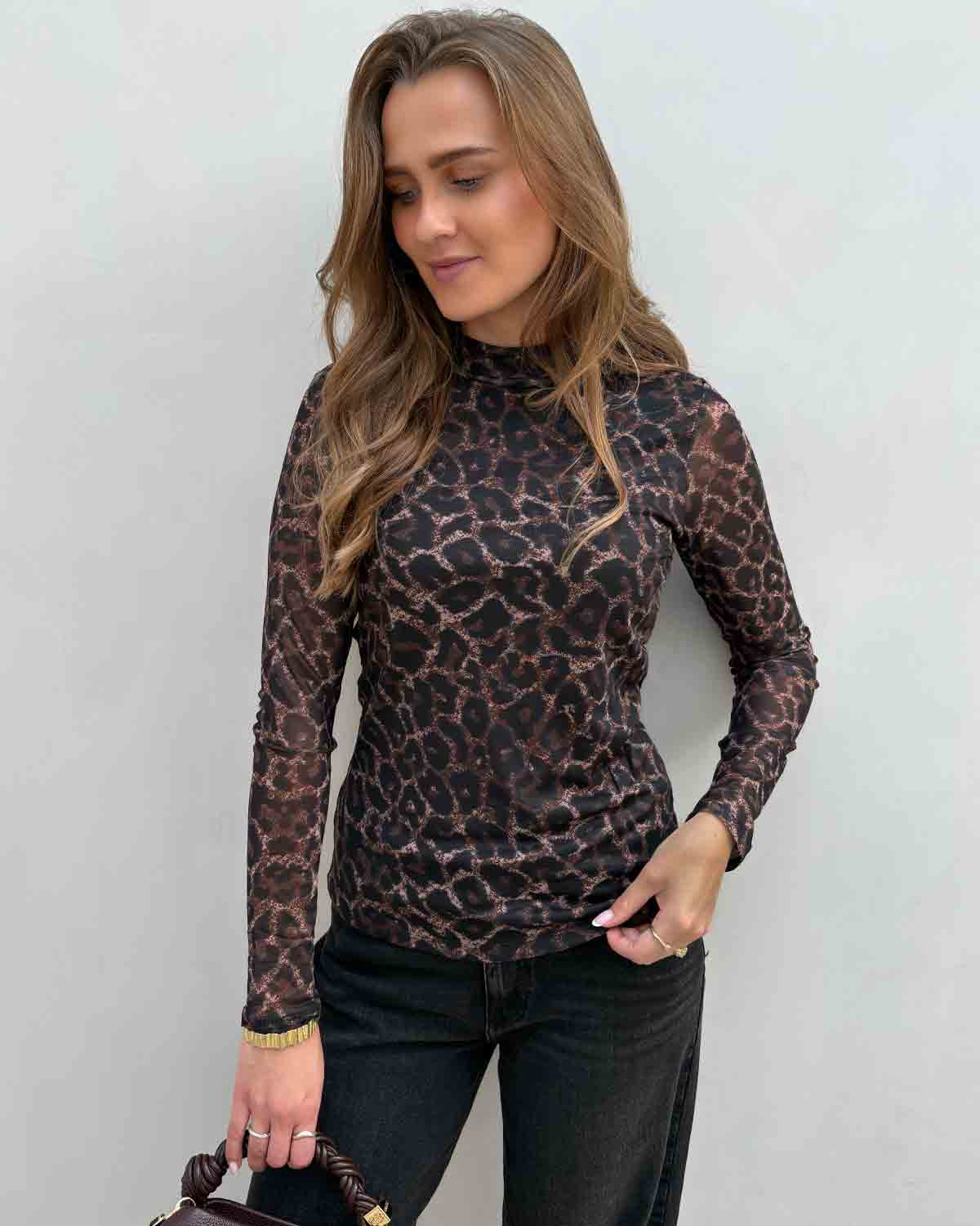 ONLY Onlerica Raw Umber Black Leo Vibe Mesh L/S Top - L - Brun