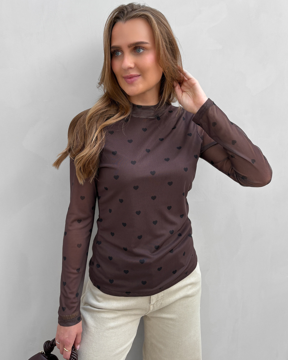 ONLY Onlerica Coffee Bean Black Heart Mesh L/S Top - M - Brun