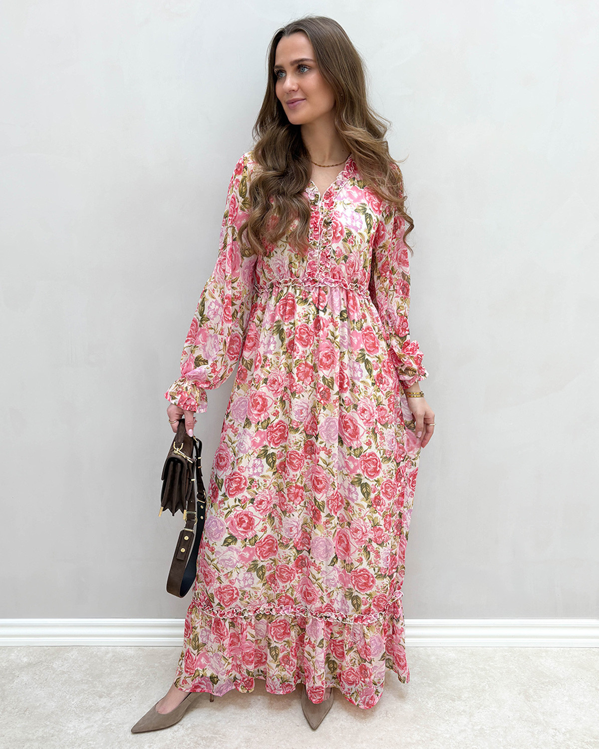 VILA Viemsa Birch/Pink Flower New L/S Maxi Dress - 40 - Hvid