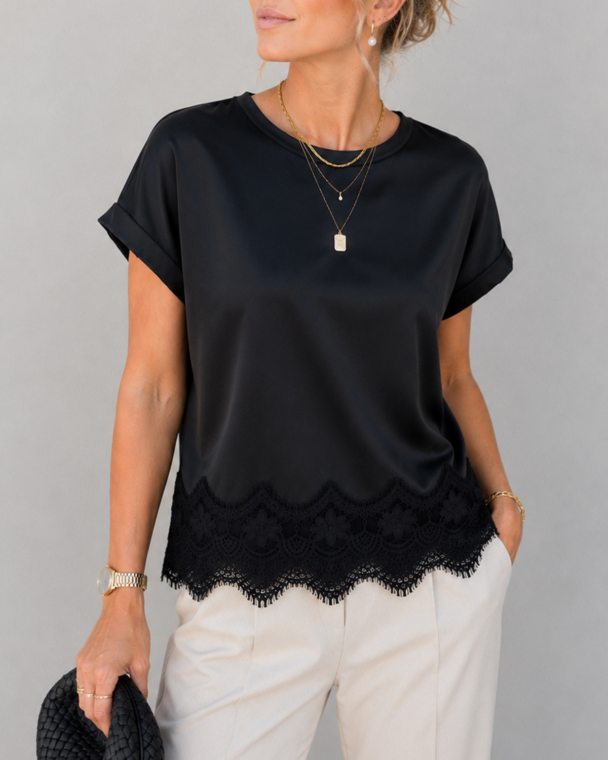 VILA Viellette Black Beauty S/S Full Satin Lace Top - 40 - Sort