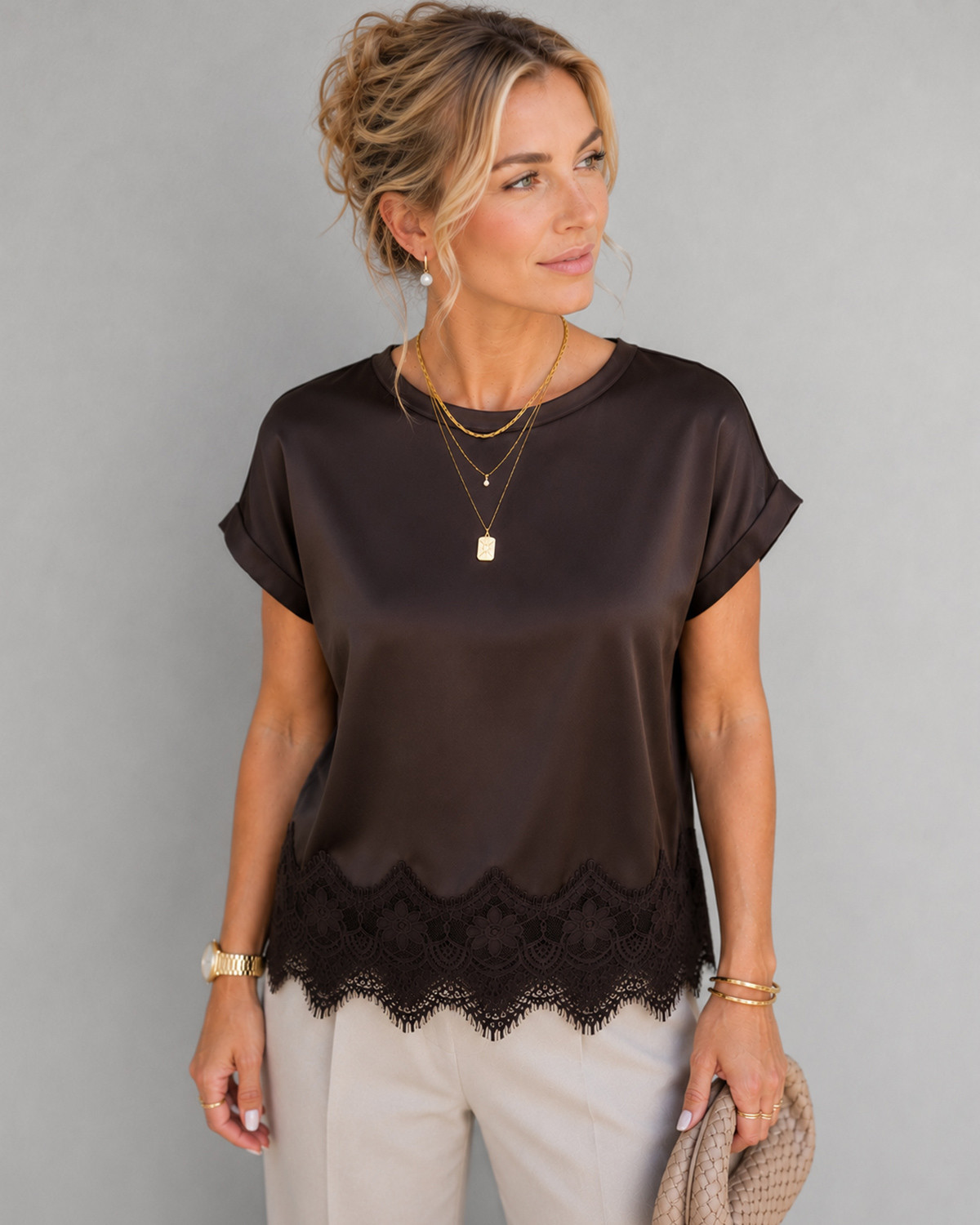 VILA Viellette Coffee Bean S/S Full Satin Lace Top - 42 - Brun