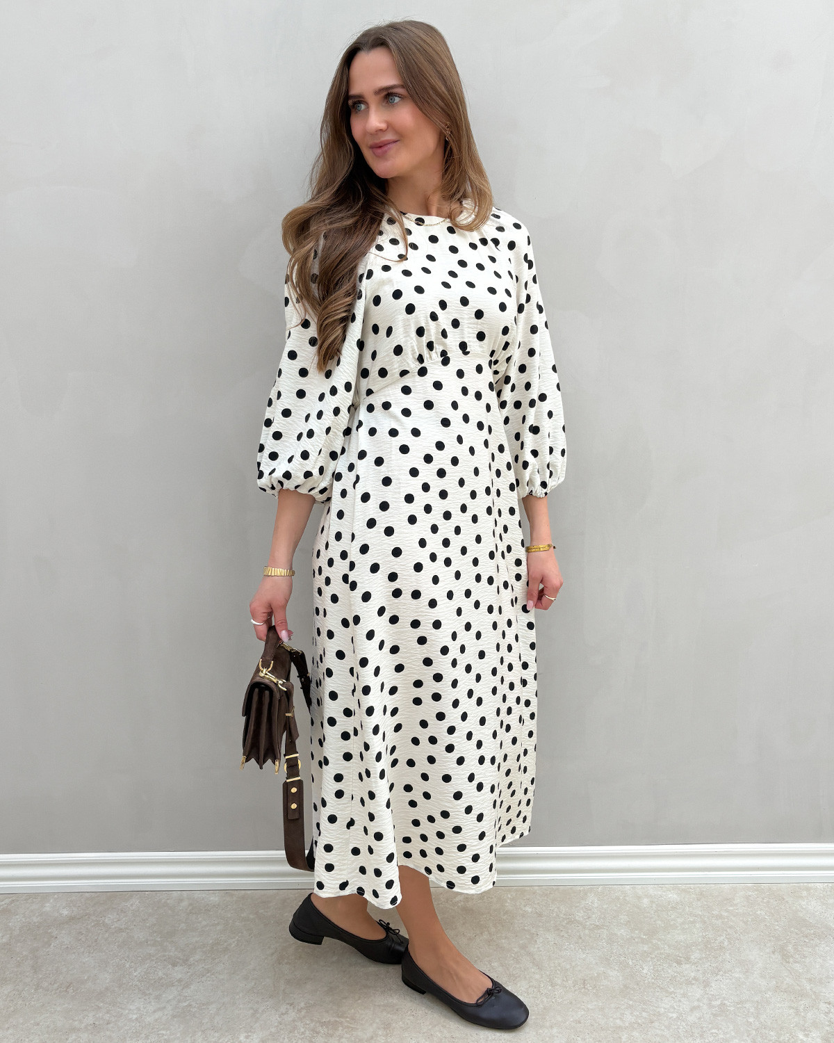 ONLY Onlmaizee Cloud Dancer/Black Dot 3/4 Belt Maxi Dress - XL - Hvid