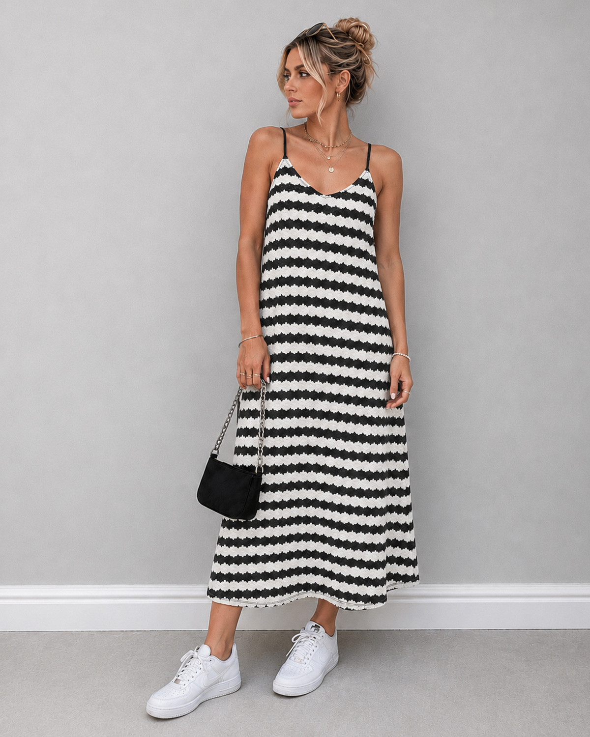 ONLY Onlevara Black/Cloud Dancer S/L Stripe Dress - XS - Multifarvet