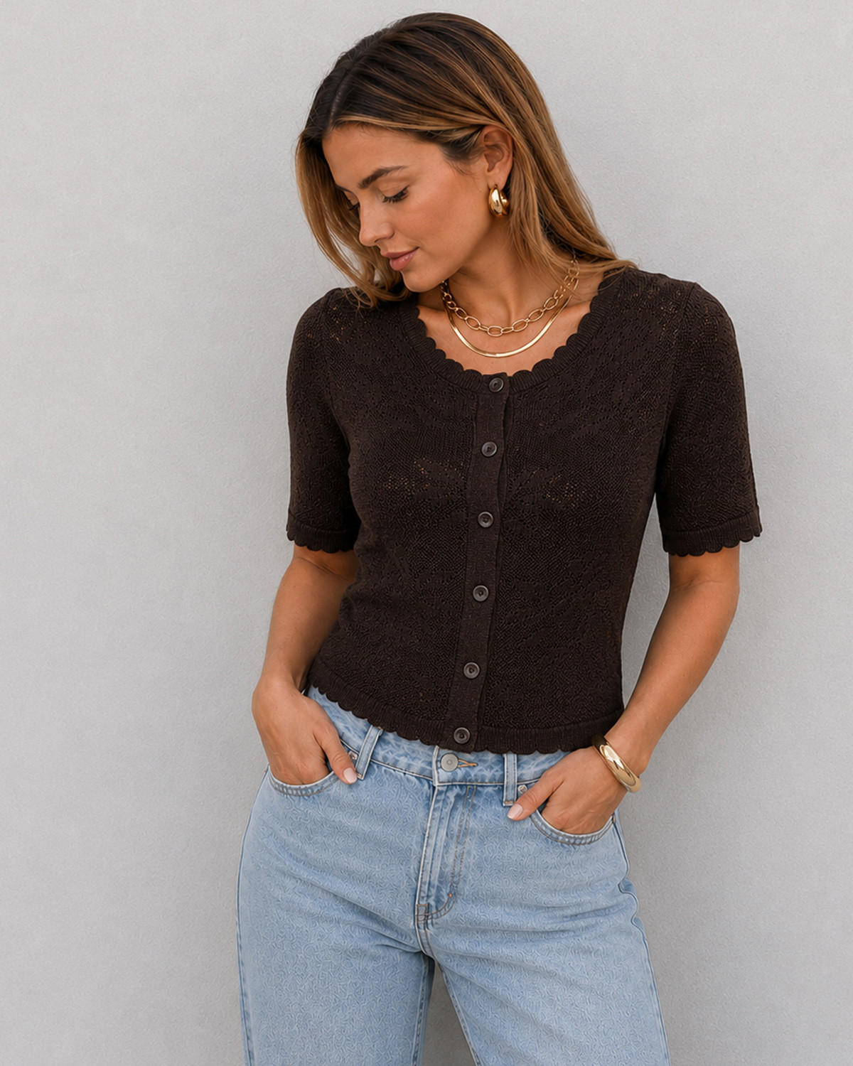 ONLY Onltini Mole/DTM Button Ss O-Neck Cardigan Ex Knit - XS - Brun