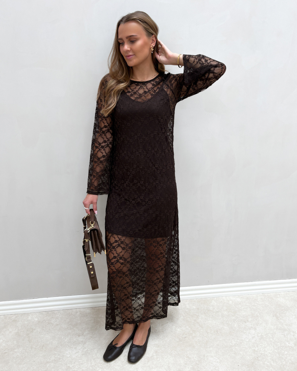 JDY Jdysilvia Mulch L/S Lace Maxi Dress - XL - Sort