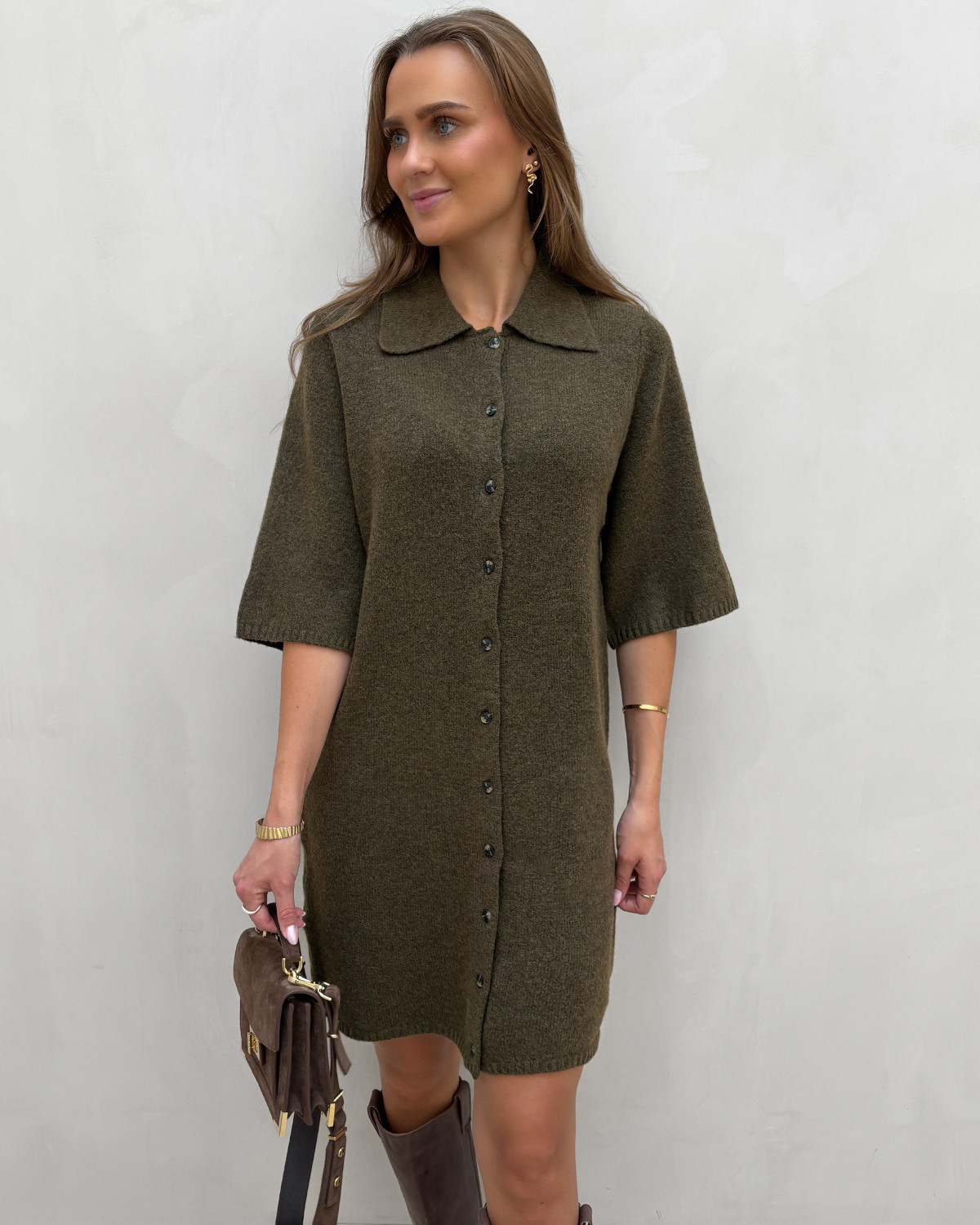 ONLY Onlalivia Beech Dtm Button/Melange 2/4 Collar Dress Knit - S - Brun
